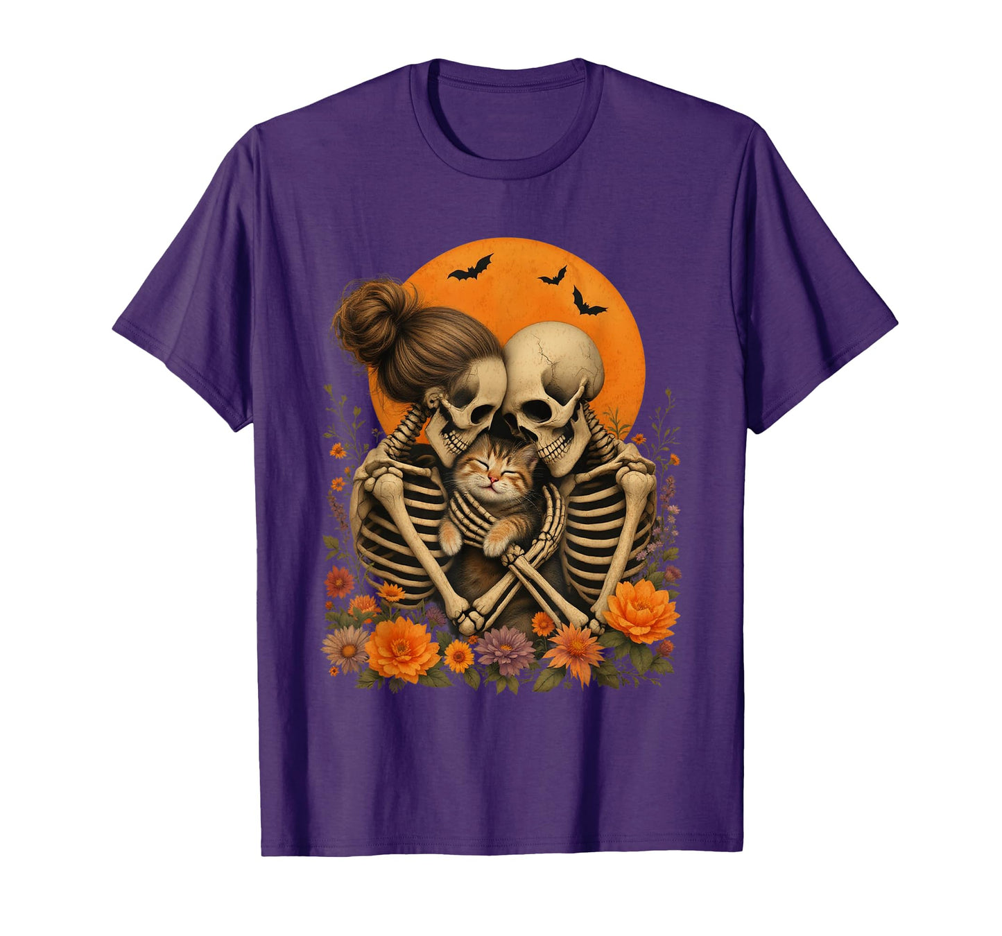 Skeleton Hugging Cat Floral Halloween Cat Lover Mom Costume T-Shirt