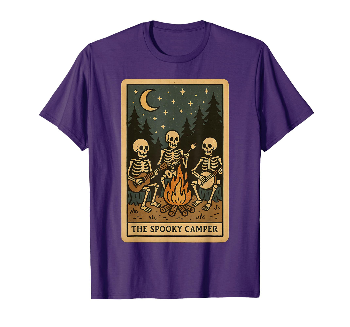 Spooky Skeleton Camper Halloween Night Campfire Retro Tarot T-Shirt