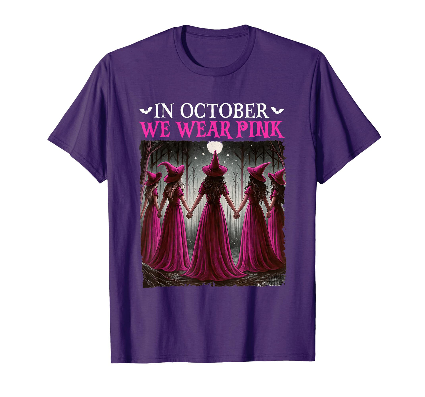 in October We Wear Pink Witch Halloween Breast Cancer Women T-Shirt