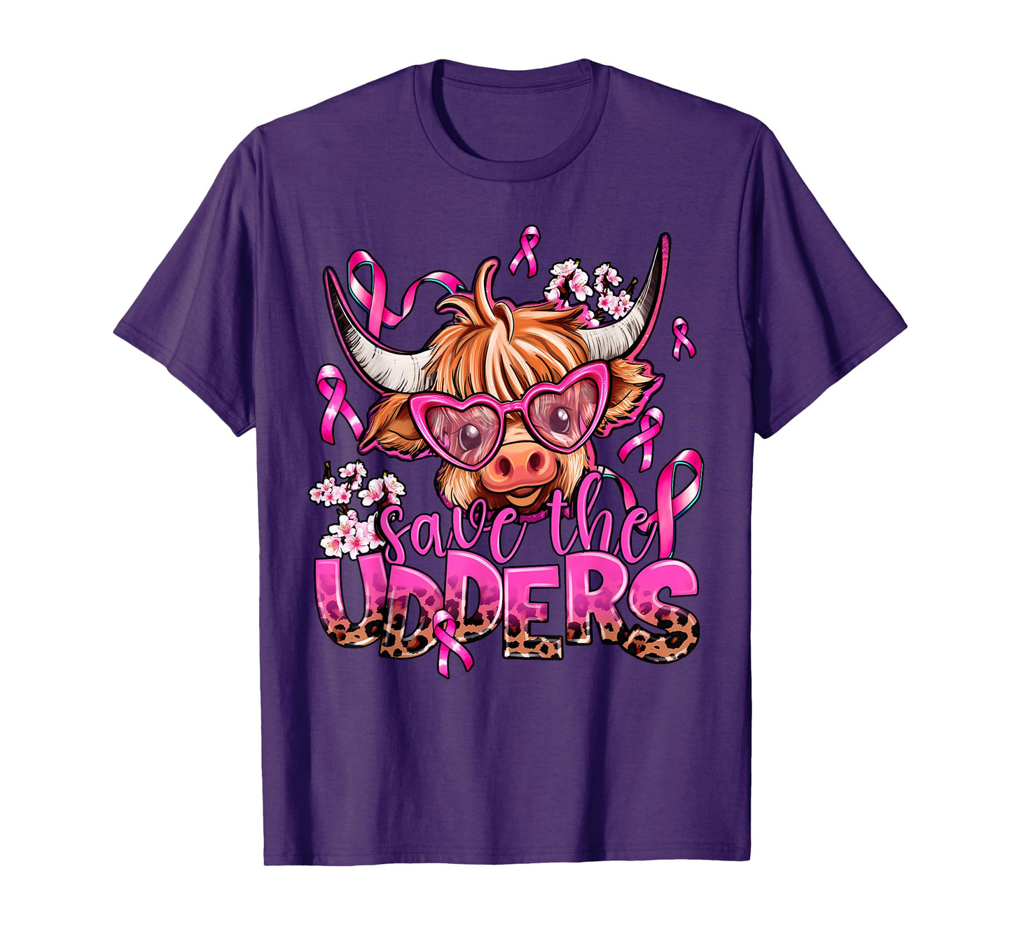 Save The Udders Highland Cow Pink Breast Cancer Awareness T-Shirt
