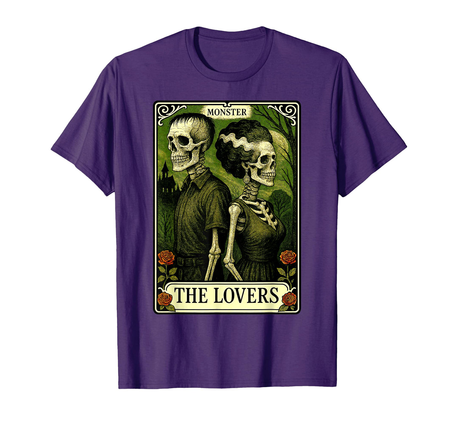 Monster Frankenstein and Bride Lovers Tarot Card Skeleton T-Shirt