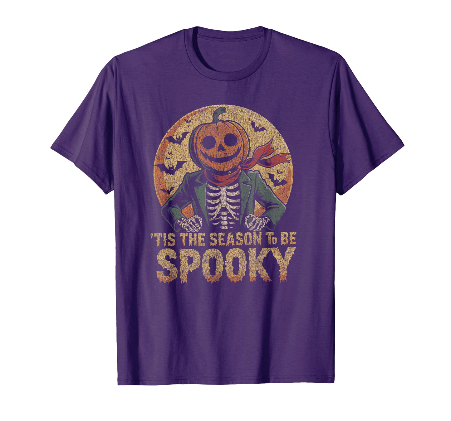 Skeleton with Pumpkin Head in Front of Full Moon and Bats T-Shirt