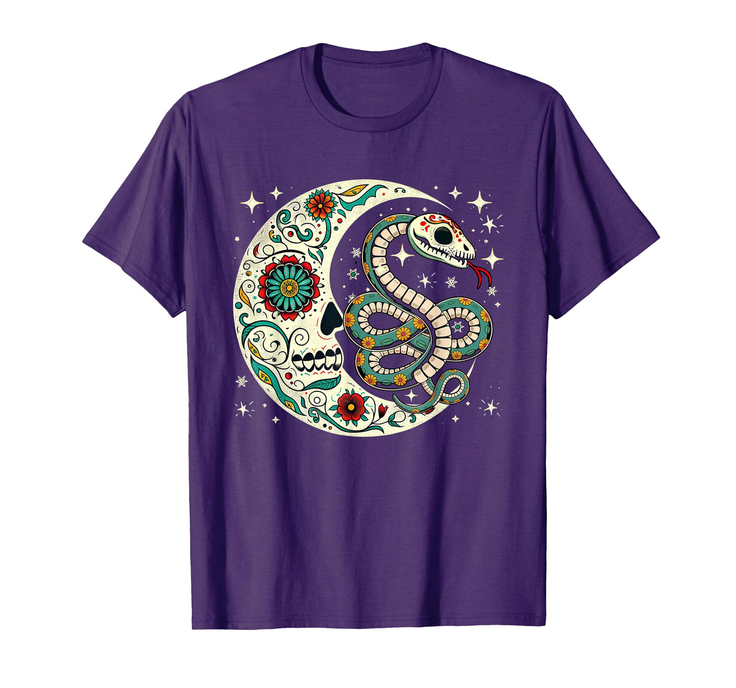 Dia De Los Muertos Halloween Moon Floral Skeleton Snake T-Shirt