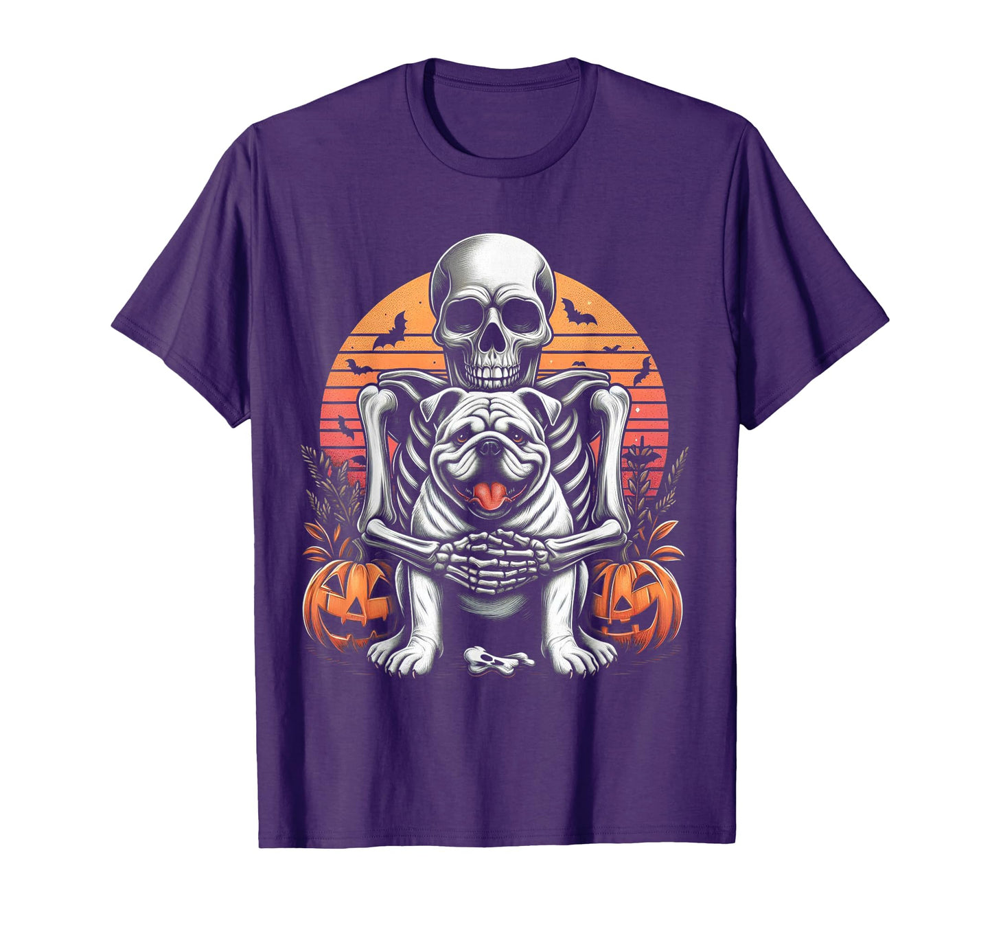 Skeleton Hugging Bulldog Halloween Lover Mom Dad T-Shirt