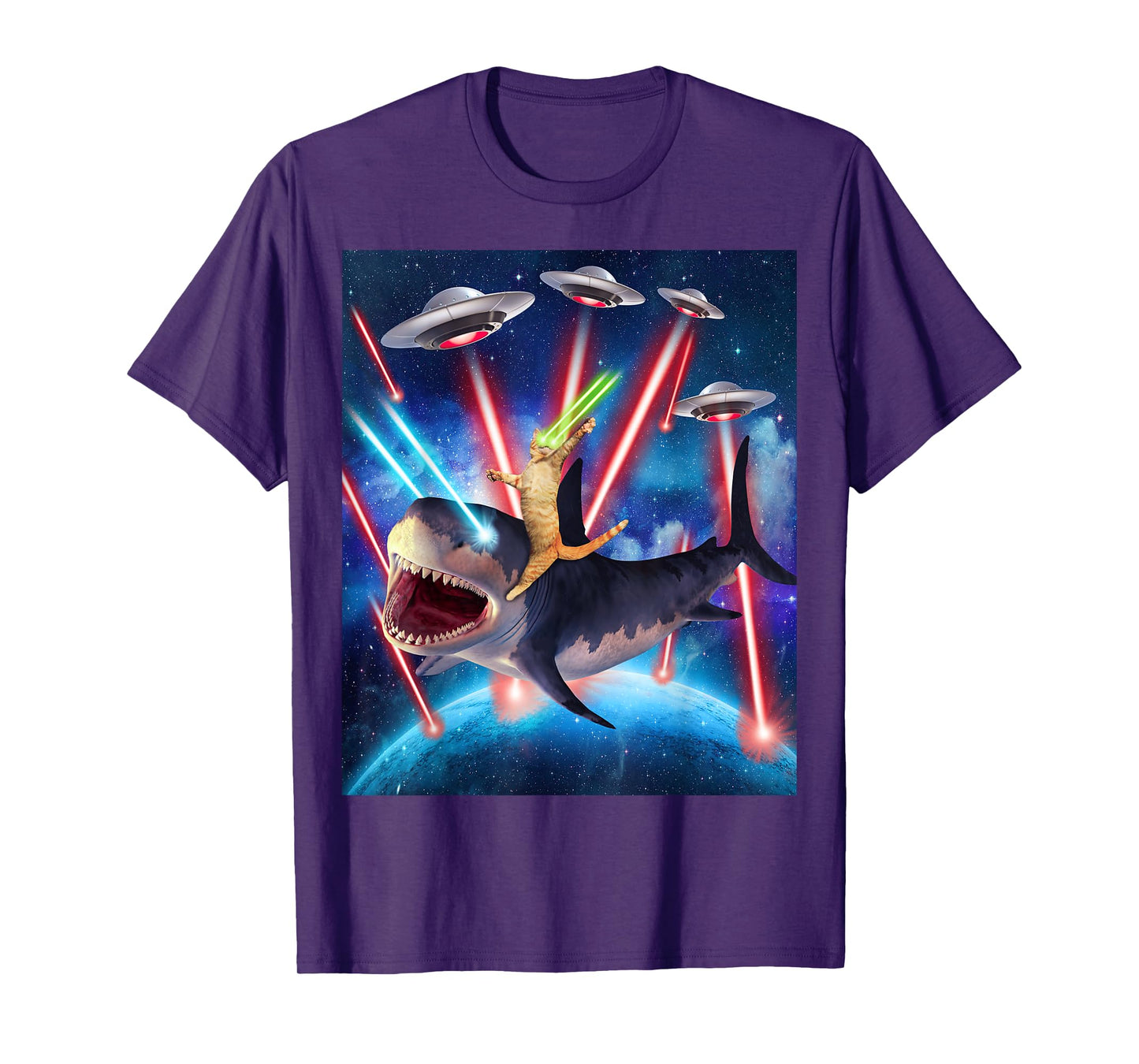 Space Cat Riding Shark Laser Eyes UFO Funny Kitty Cat T-Shirt for Men Women Girls Kids