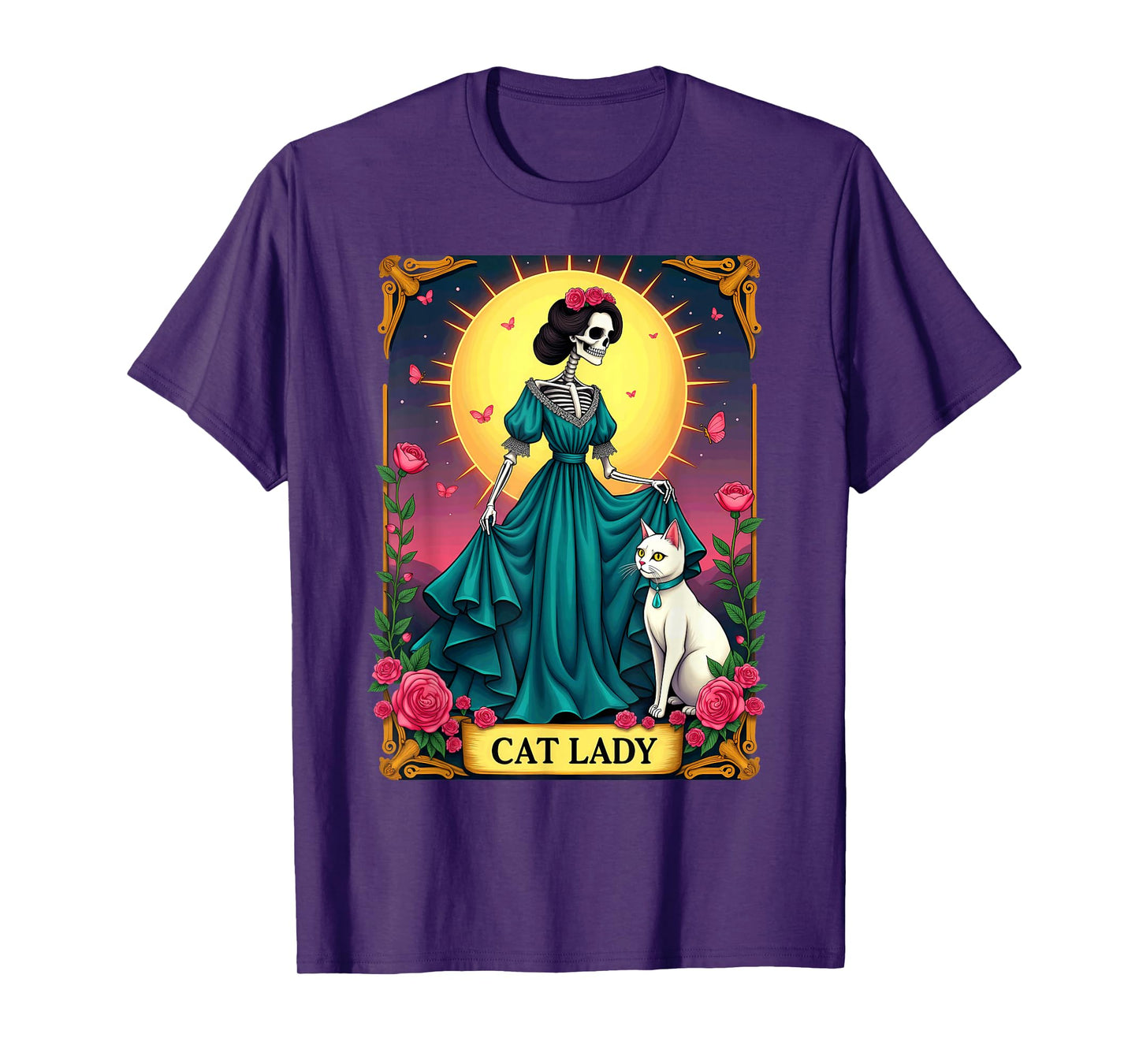 Retro Cat Lady Tarot Card Skeleton Halloween T-Shirt