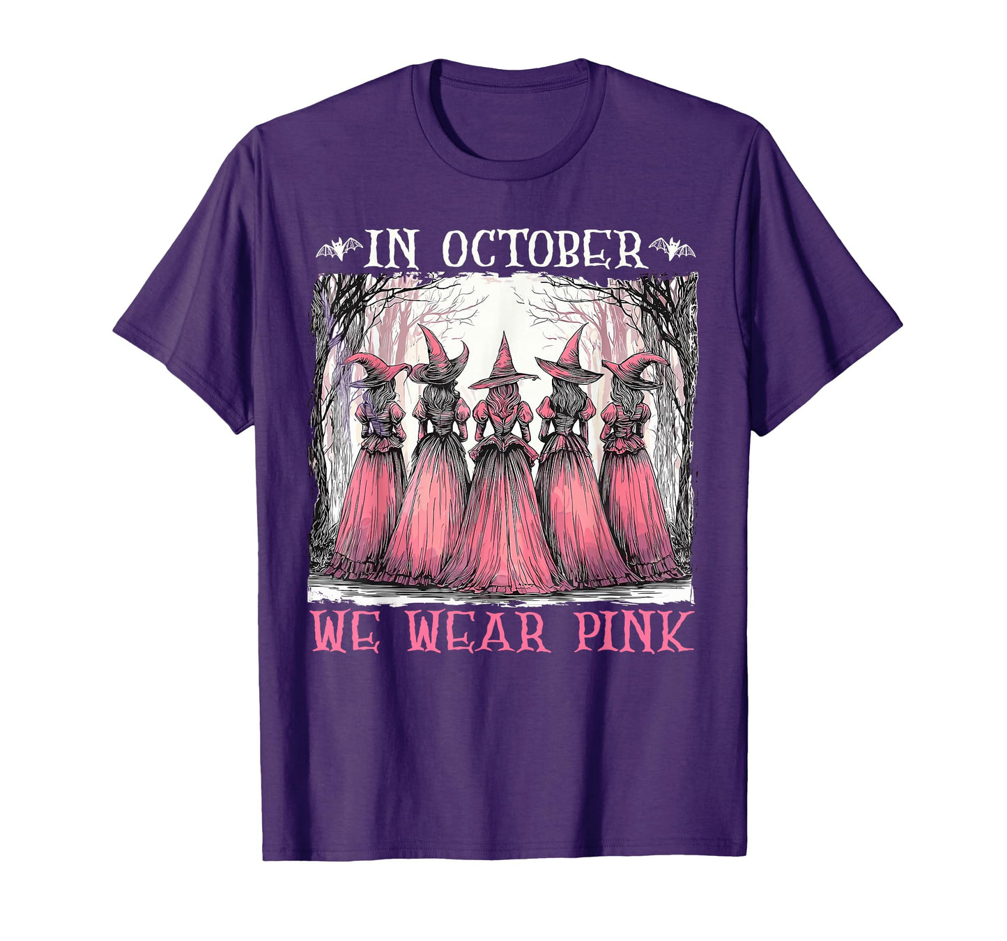 in October We Wear Pink Witch Halloween Breast Cancer Women T-Shirt