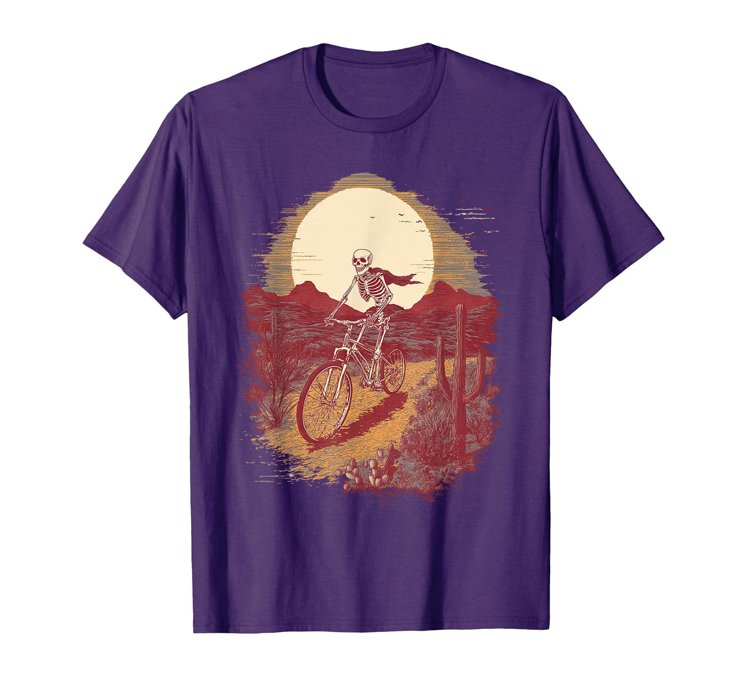 Skeleton Biker Cycling Desert Moon Halloween Vintage T-Shirt
