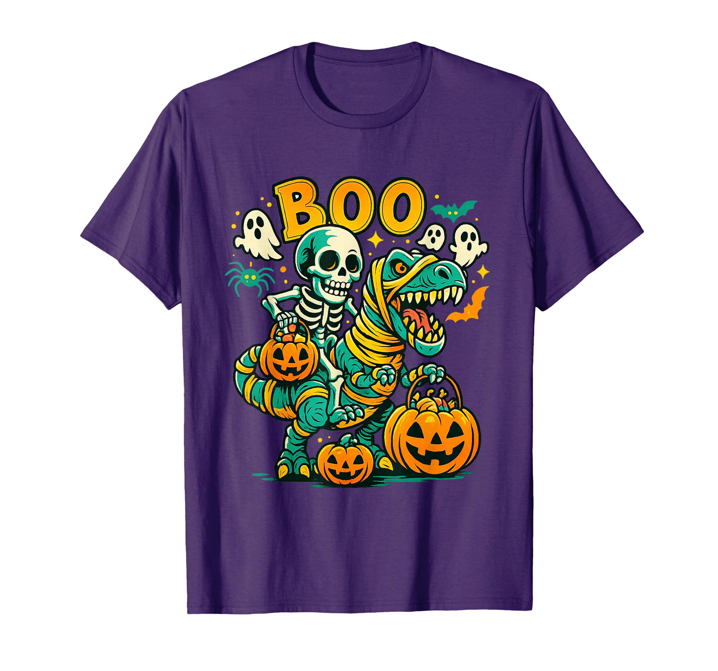 Skeleton Riding Dinosaur T Rex Scary Boo Pumpkin Halloween T-Shirt