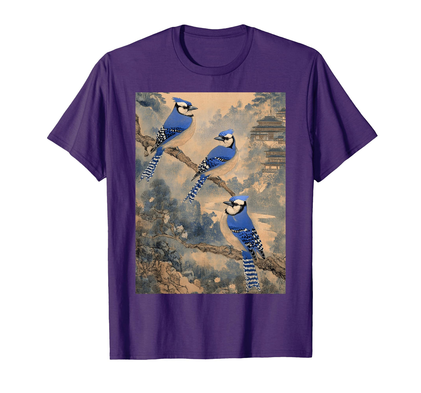 Birdwatching Blue Jay Birds Trees Japanese Woodblock Art T-Shirt