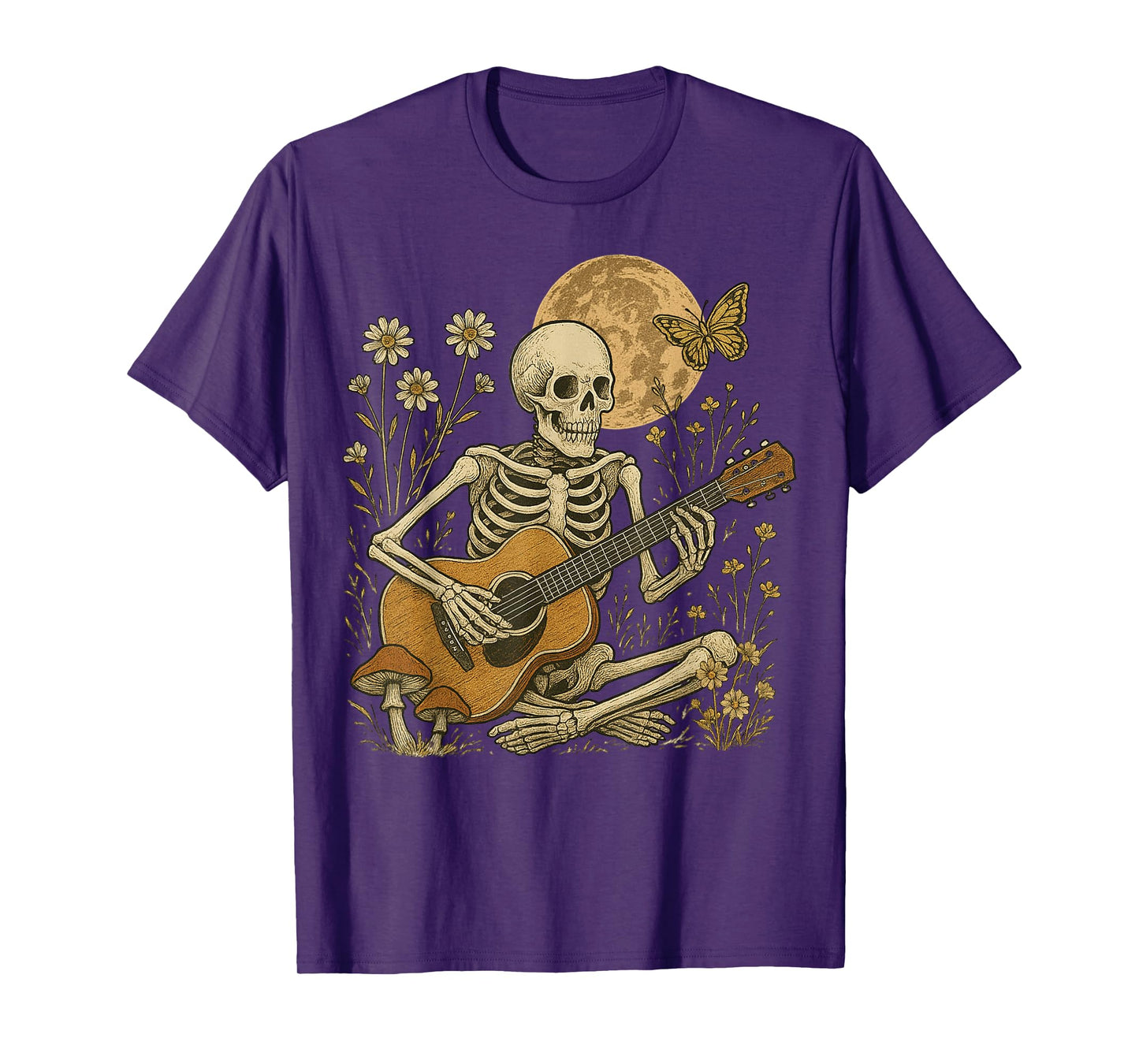 Moonlit Skeleton Playing Guitar Dark Academia Aesthetic T-Shirt