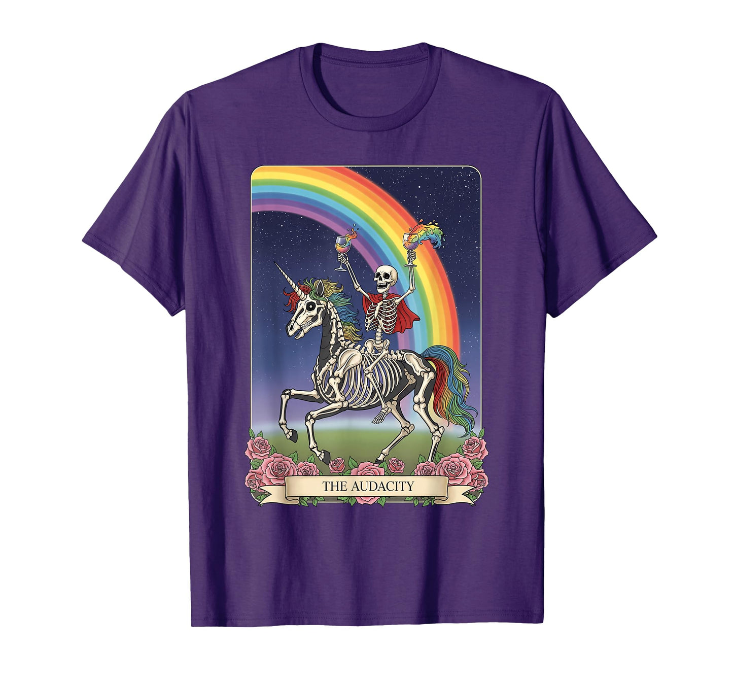 The Audacity Tarot Card Halloween Skeleton Riding Unicorn T-Shirt