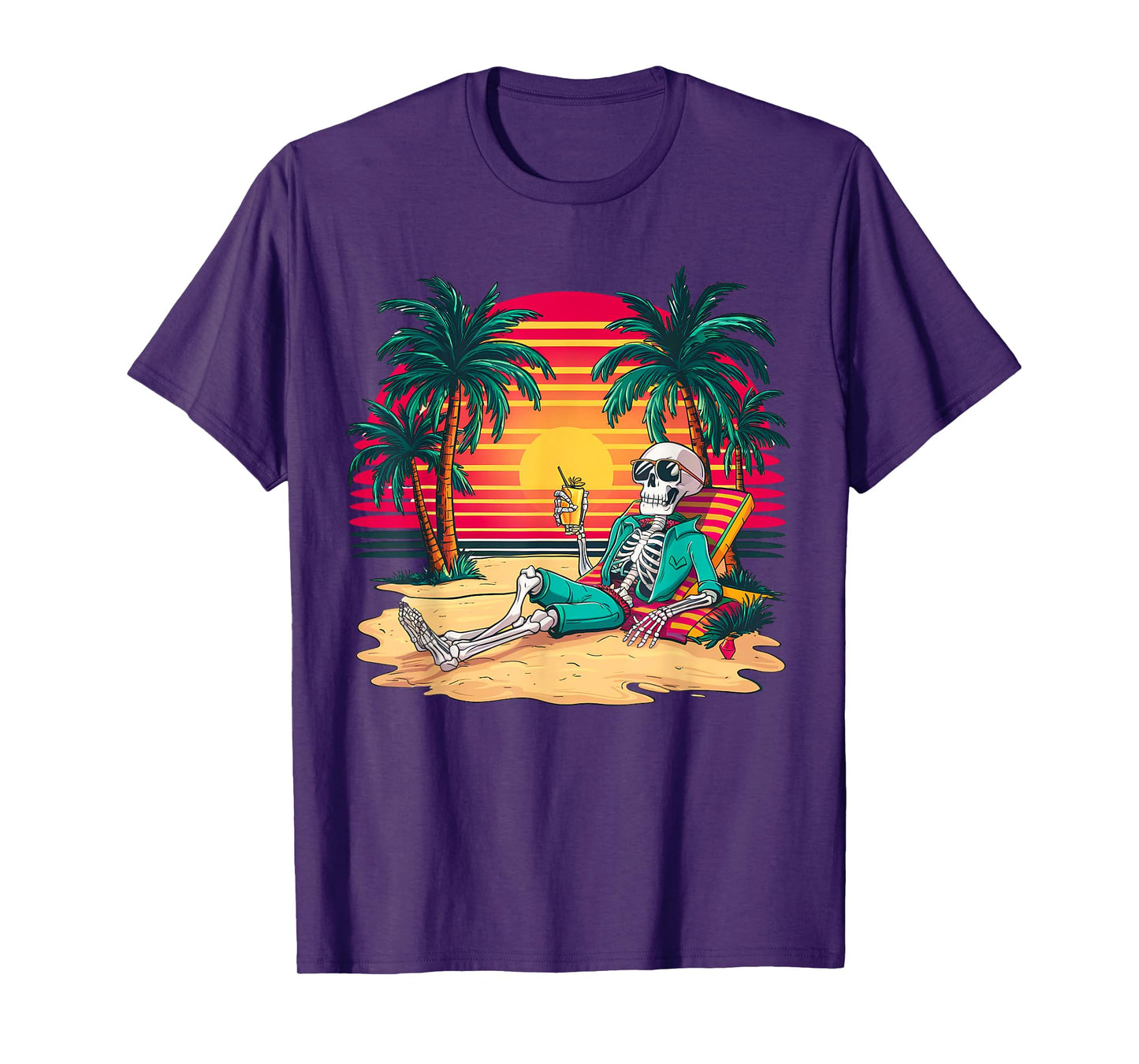 Funny Skeleton On Tropical Island Beach Retro T-Shirt for Men Women Kids