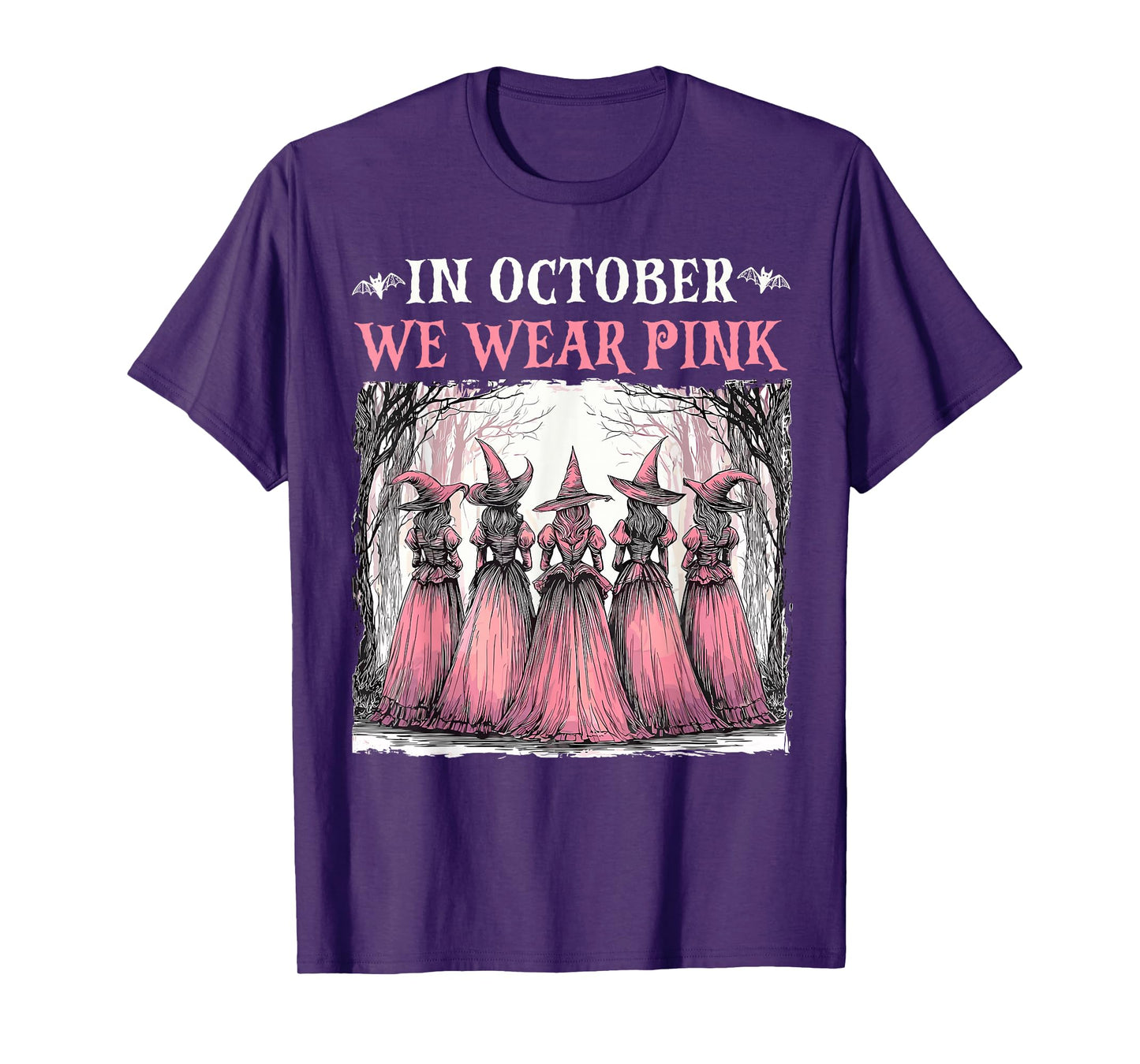 in October We Wear Pink Witch Halloween Breast Cancer Women T-Shirt