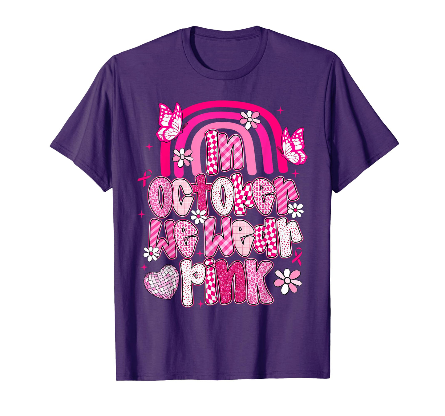 in October We Wear Pink Coquette Bow Breast Cancer Womens T-Shirt