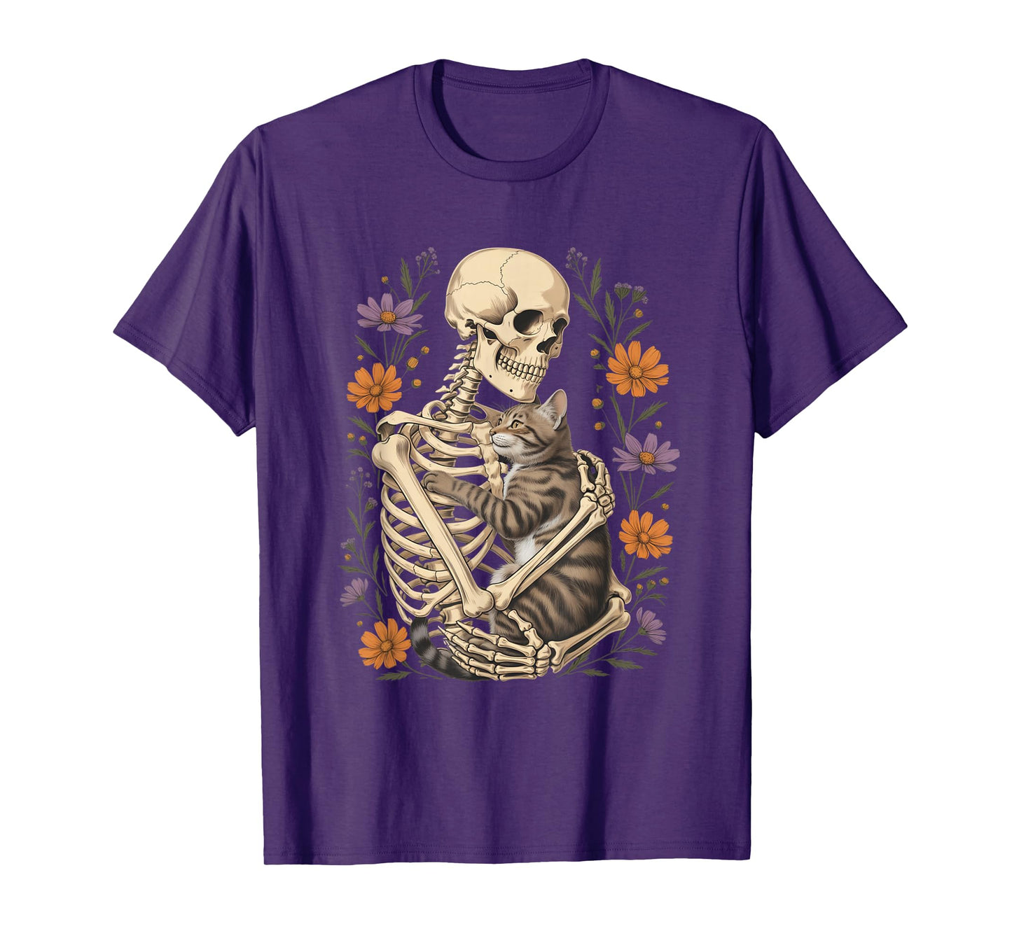 Funny Skeleton Hugging Cat Floral Halloween Cats Lover T-Shirt