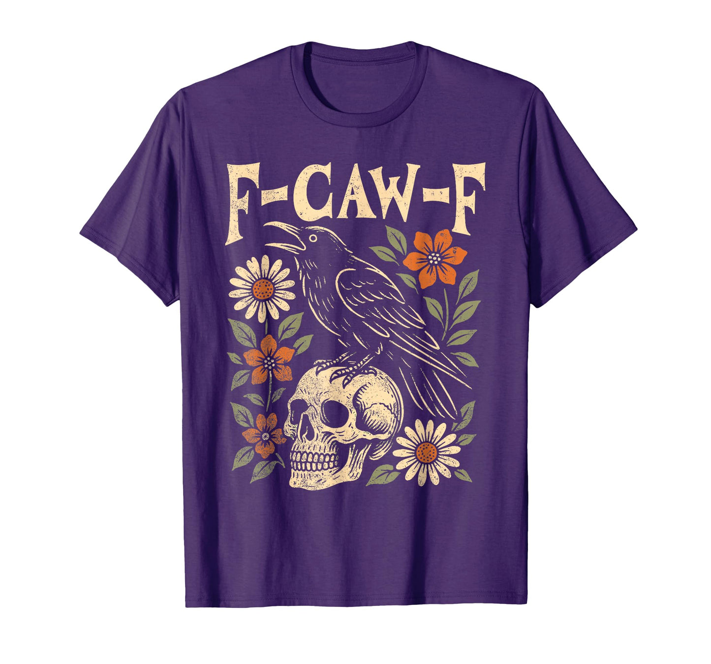 F-CAW-F Funny Vintage Crow Skull Botanical Floral Raven T-Shirt