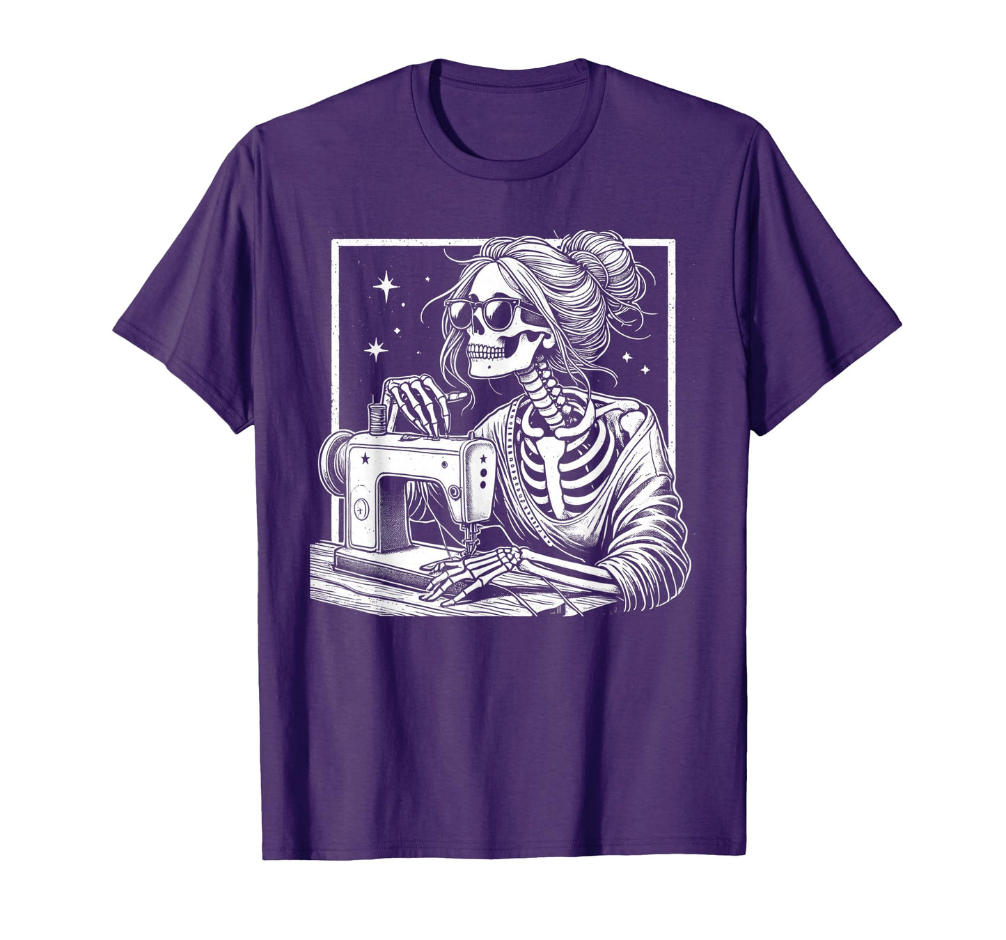 Bun Hair Skeleton Sewer Quilter Halloween Sew Womens Girls T-Shirt