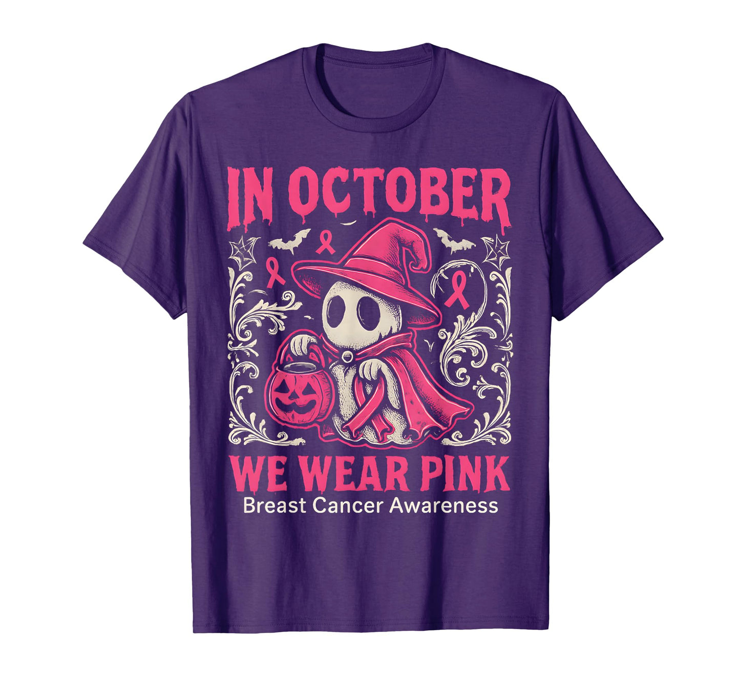 in October We Wear Pink Ghost Halloween Women Breast Cancer T-Shirt