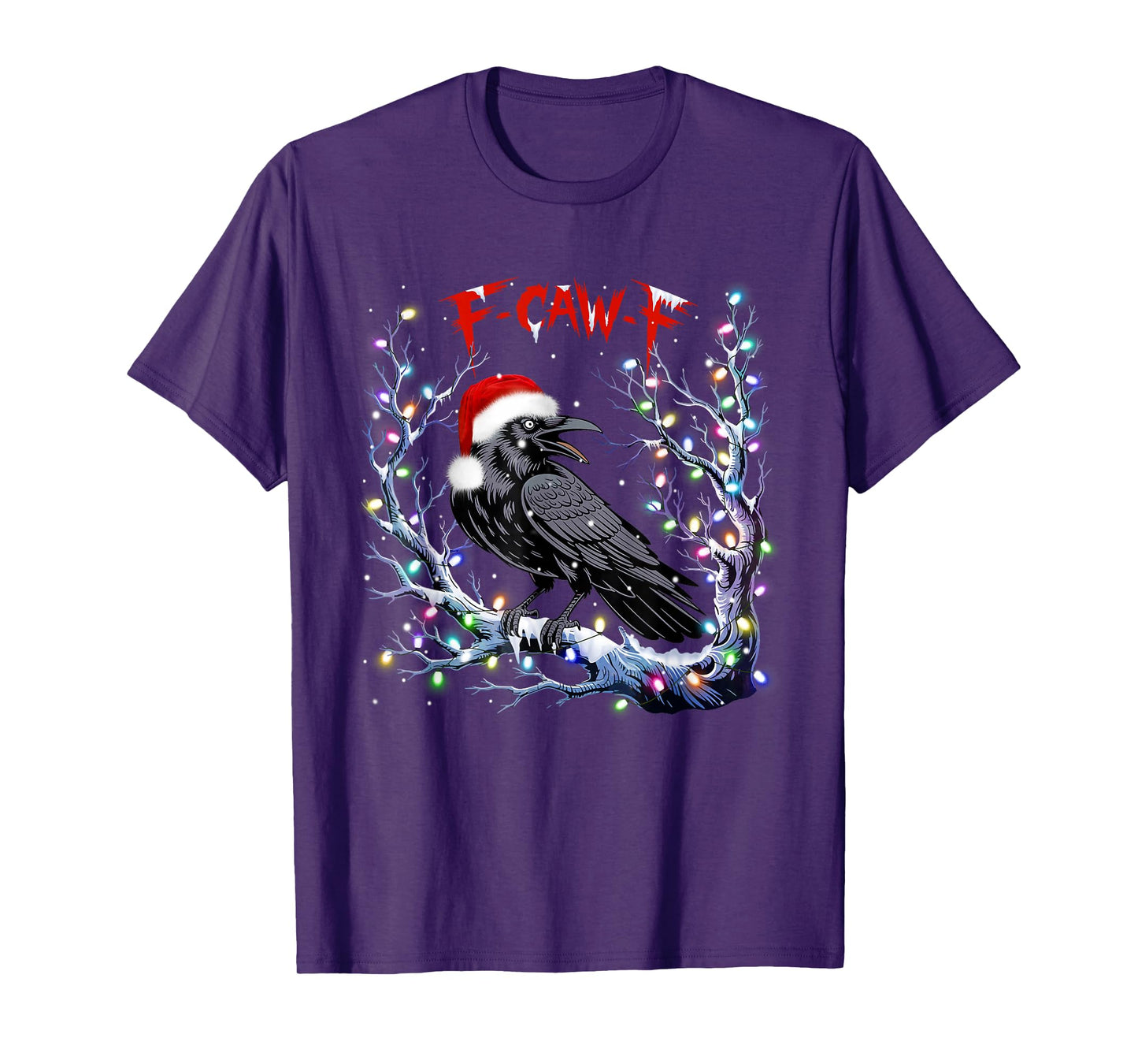 Funny Black Crow F-Caw-F Retro Santa Hat Christmas Lights T-Shirt