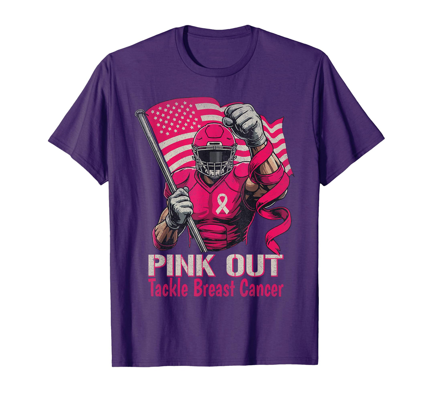 Pink Out Tackle Breast Cancer Football American Flag Ribbon T-Shirt