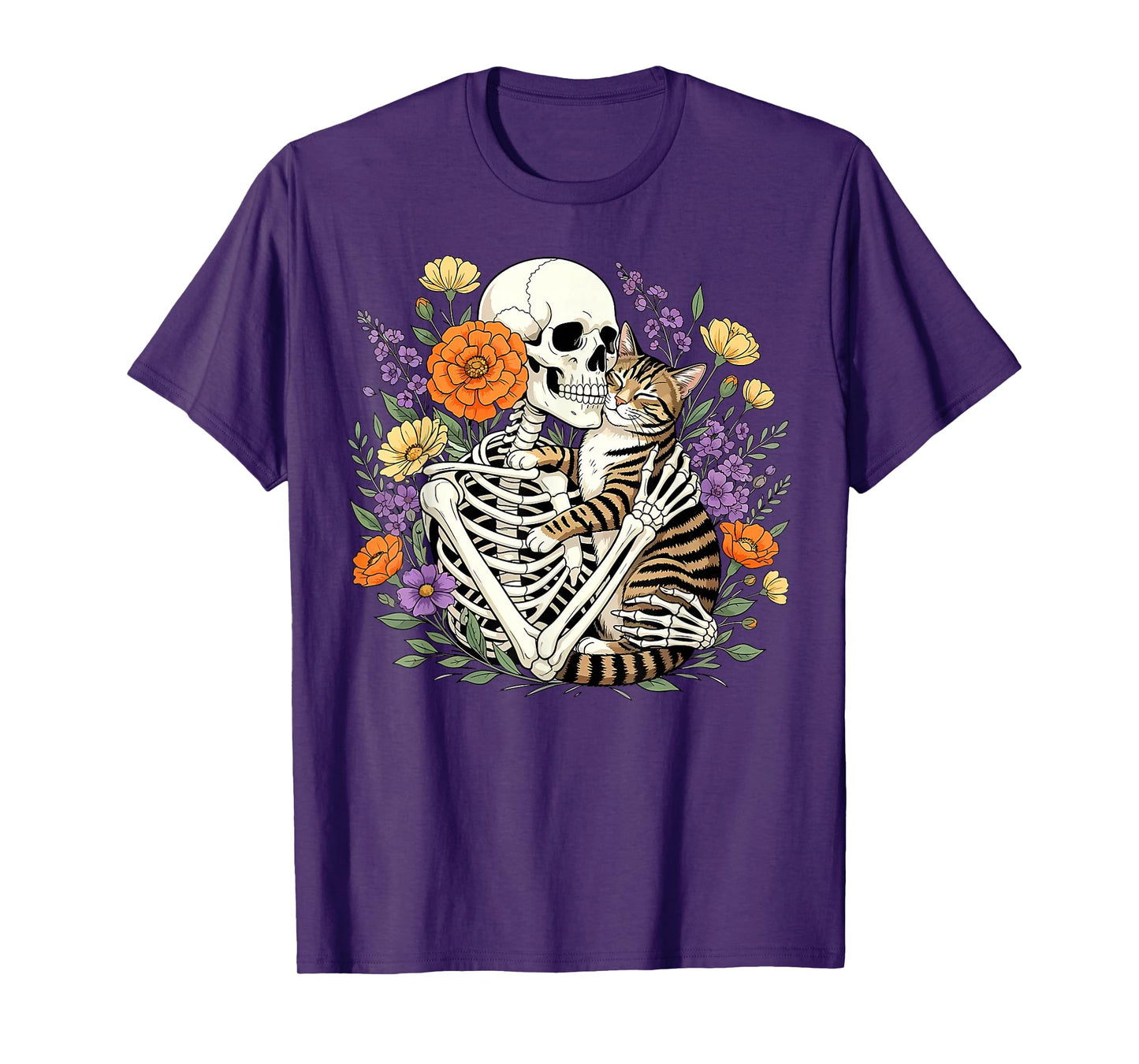 Skeleton Hugging Cat Floral Halloween Cats Lover T-Shirt
