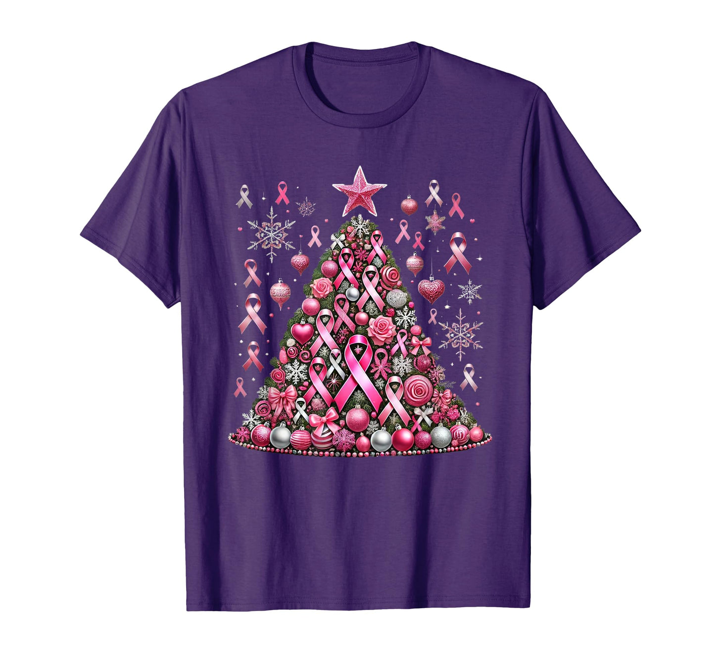 Snowflakes Ornament Decoration Breast Cancer Christmas Tree T-Shirt