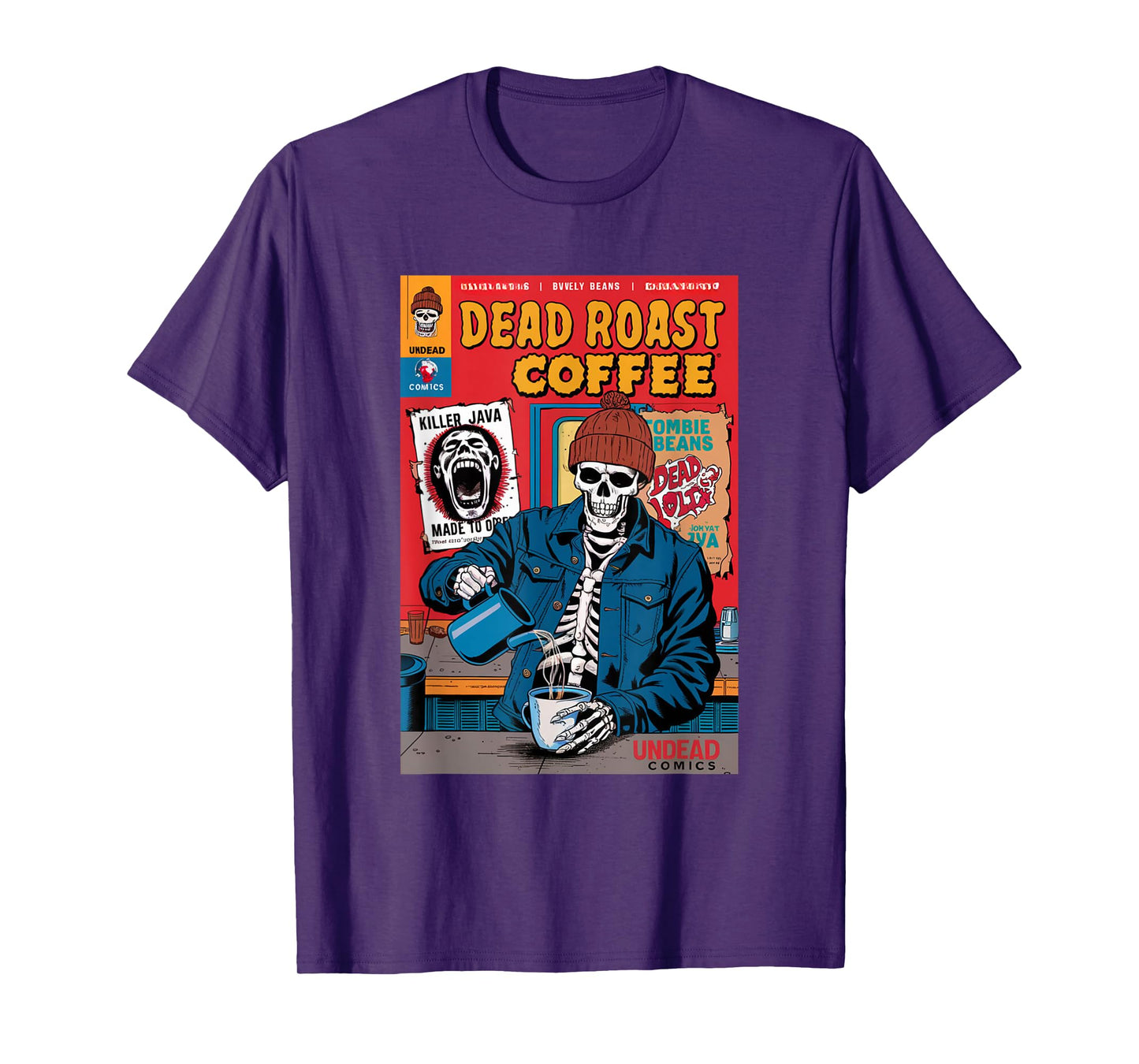 Dead Roast Coffee Comic Book Cover Style Skeleton Barista T-Shirt