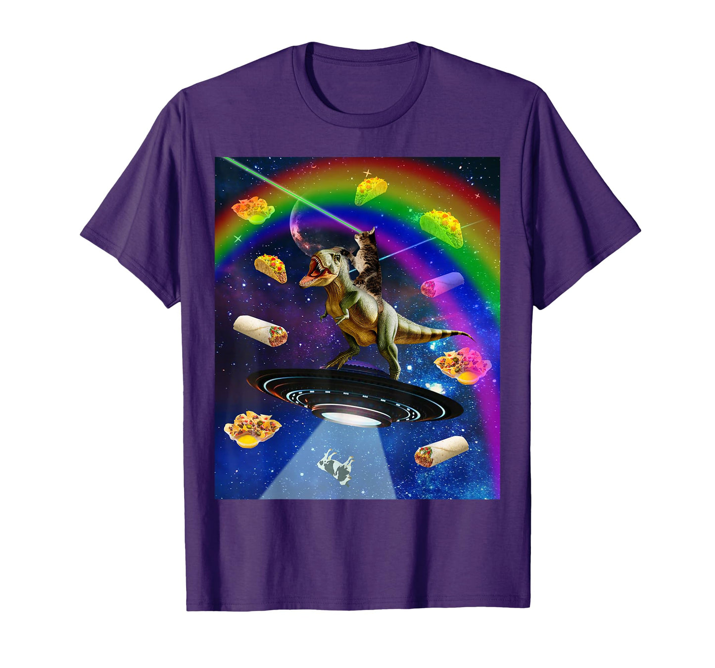 Laser Eyes Outer Space Cat Riding On T-Rex Dinosaur T-Shirt for Men Women