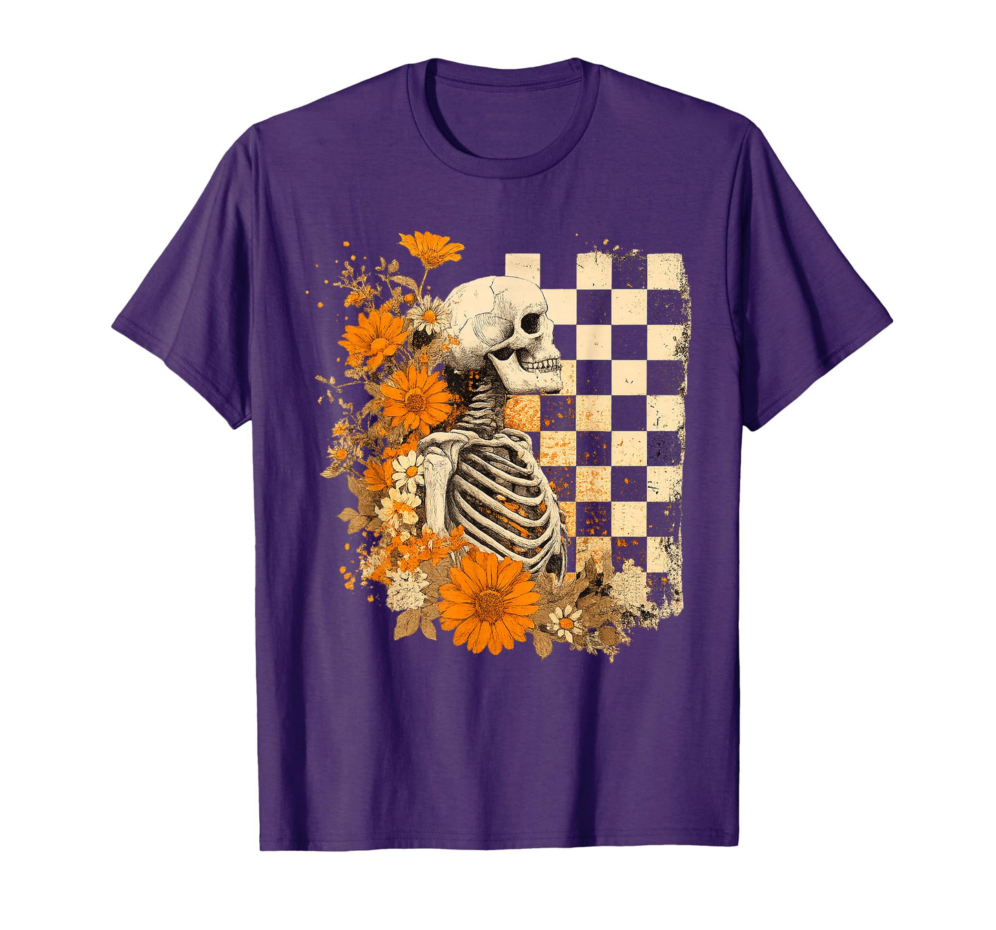 Skeleton Peace Hand Floral Checkered Aesthetic T-Shirt