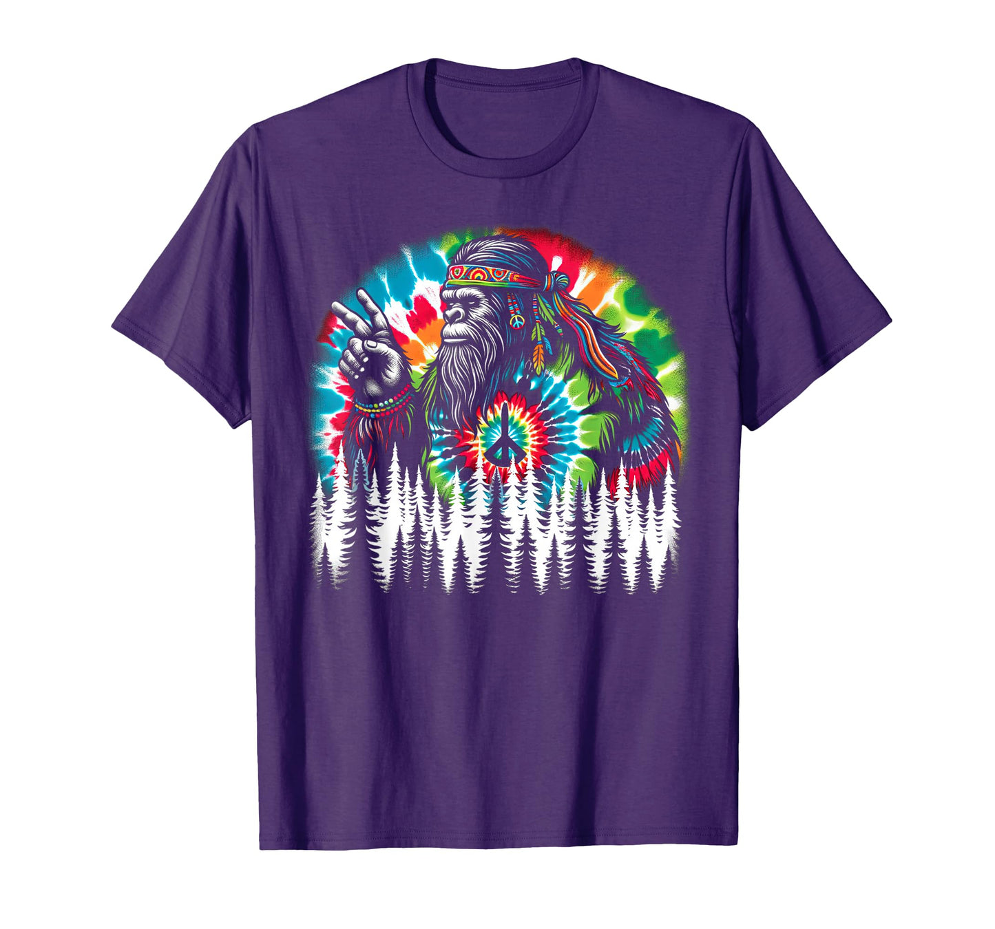 Hippie Bigfoot Peace Sign Tie Dye Forest Vibes T-Shirt