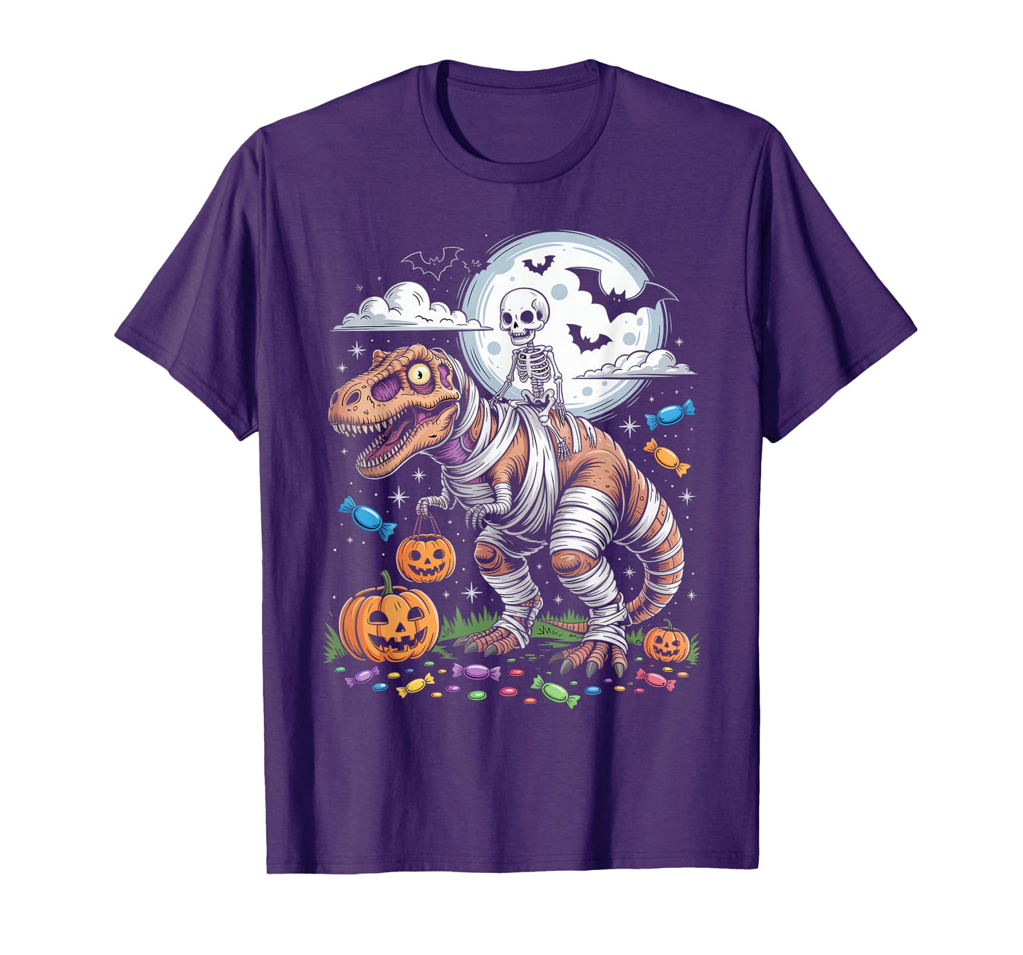 Skeleton Riding Tyrannosaurus Skeleton Halloween Spooky T-Shirt