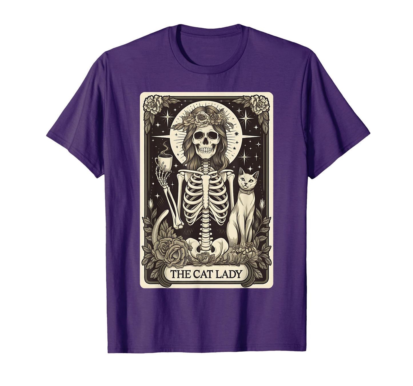 The Cat Lady Tarot Cards Skeleton Coffee Cats Halloween T-Shirt