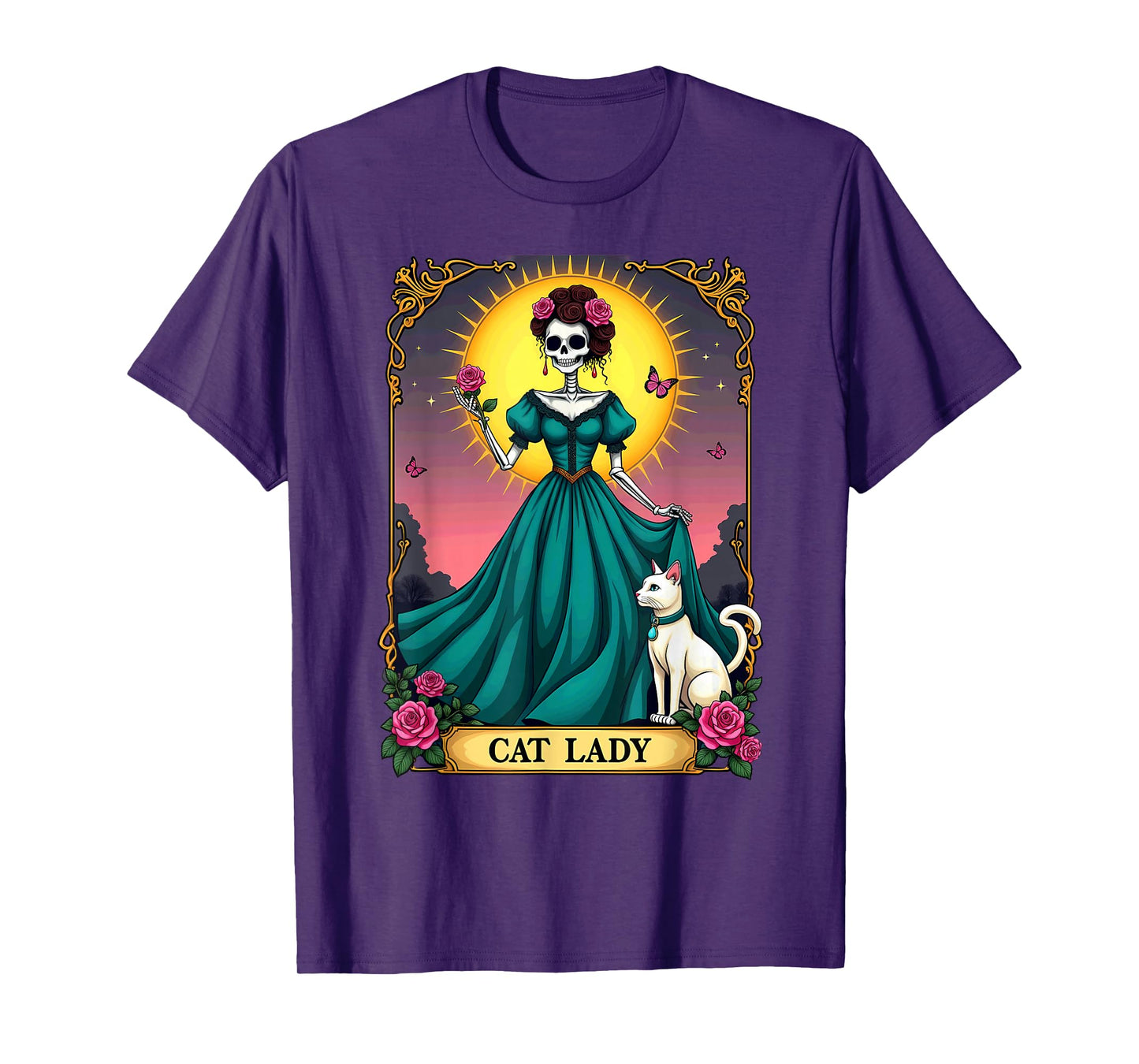 Retro Cat Lady Tarot Card Skeleton Halloween T-Shirt