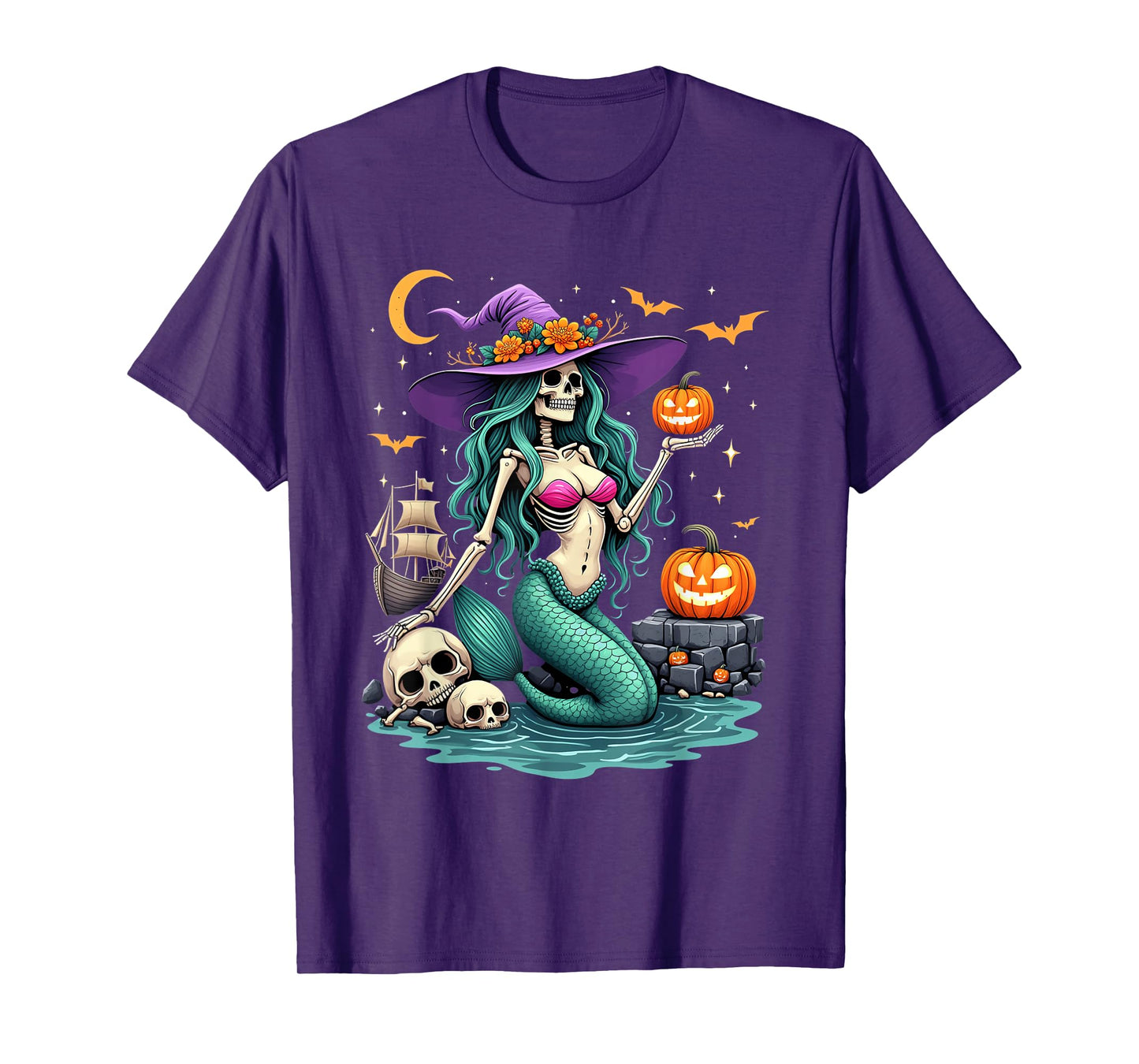 Skeleton Mermaid Witch Hat Pumpkins Ship Halloween Night T-Shirt