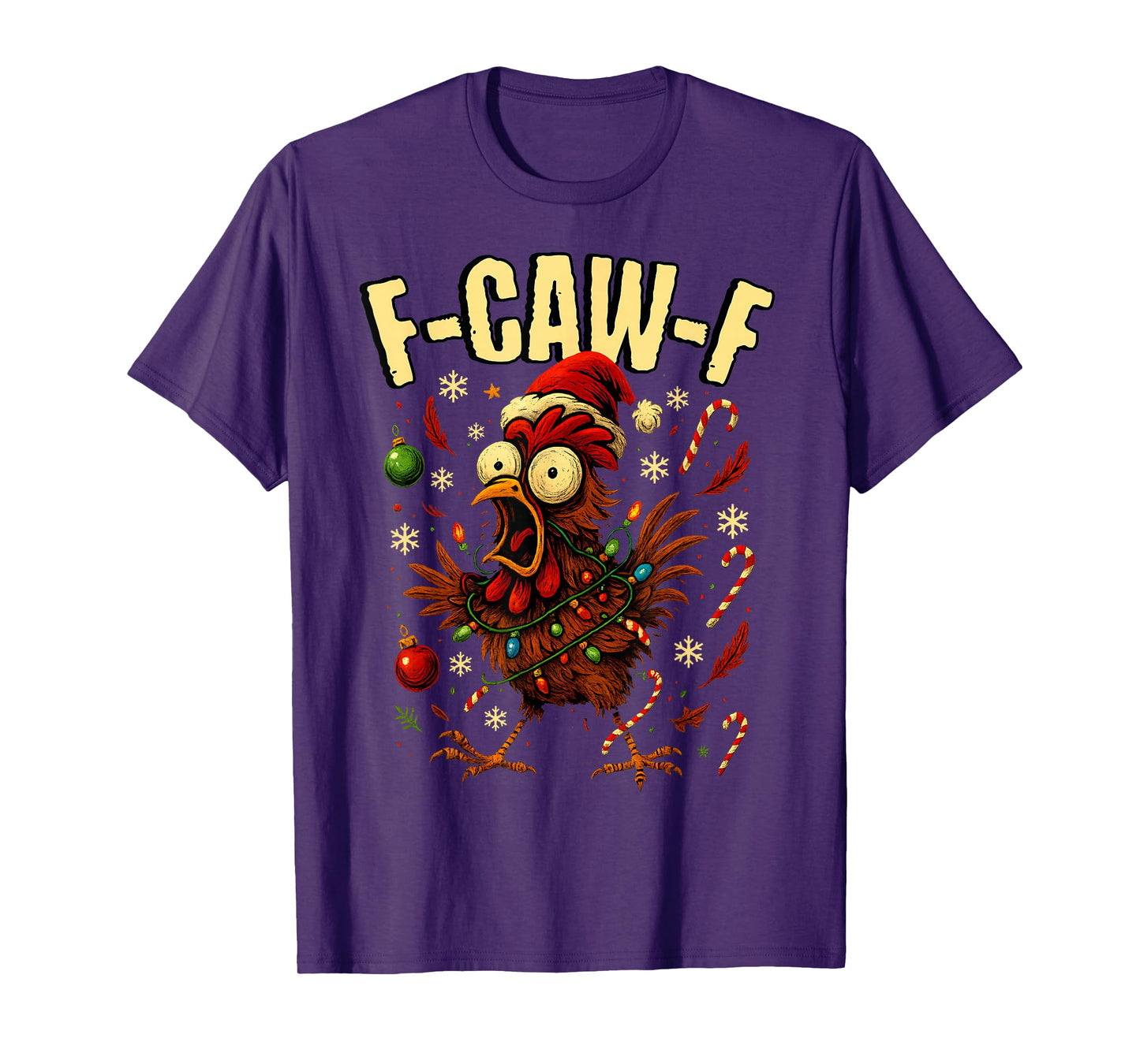Funny F-CAW-F Christmas Chicken Xmas Lights Santa hat F-CAW- T-Shirt