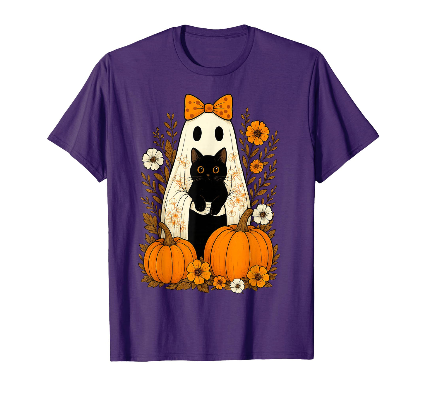 Vintage Halloween Ghost Holding Black Cats Groovy Floral T-Shirt