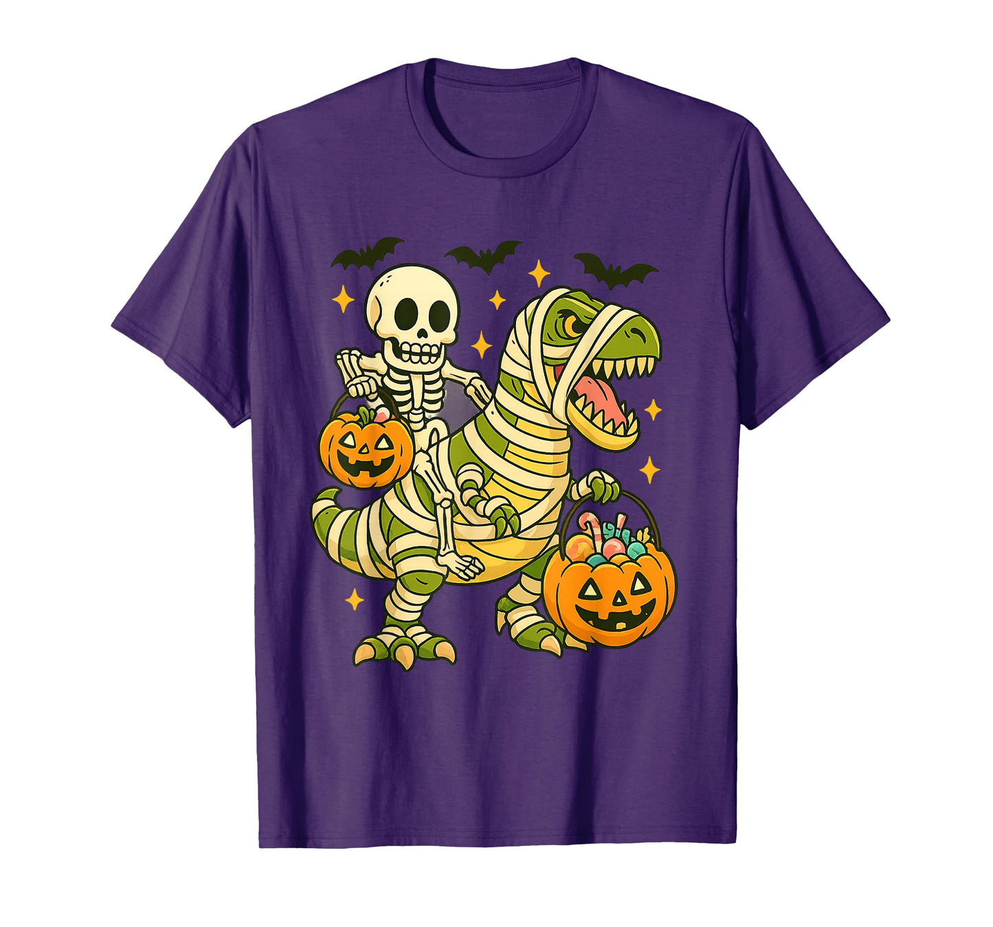 Skeleton Riding Mummy Dinosaur Halloween Candy Pumpkin Retro T-Shirt