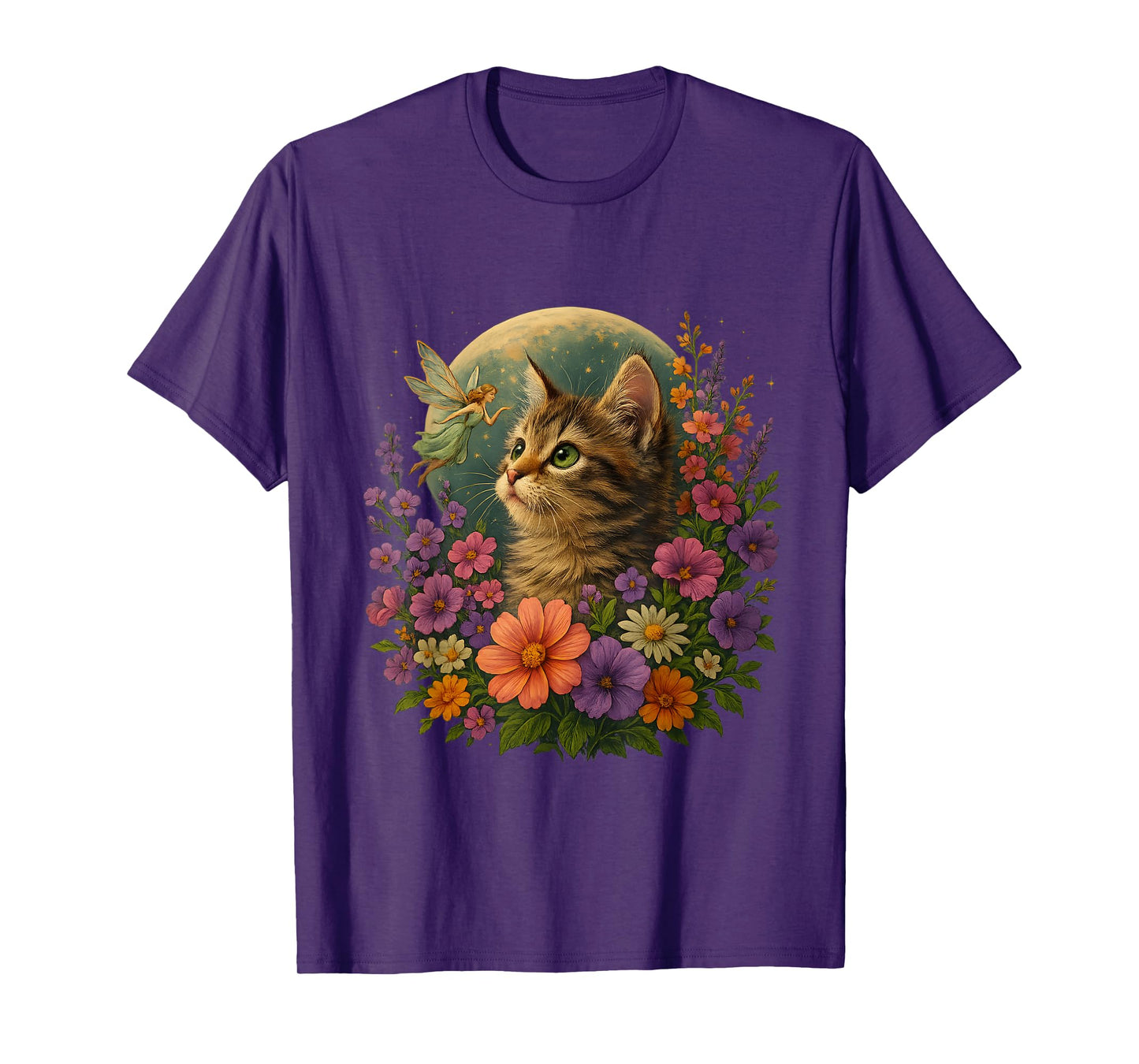 Fairycore Kitten Moon Wildflowers Tee Whimsical Floral Lunar T-Shirt
