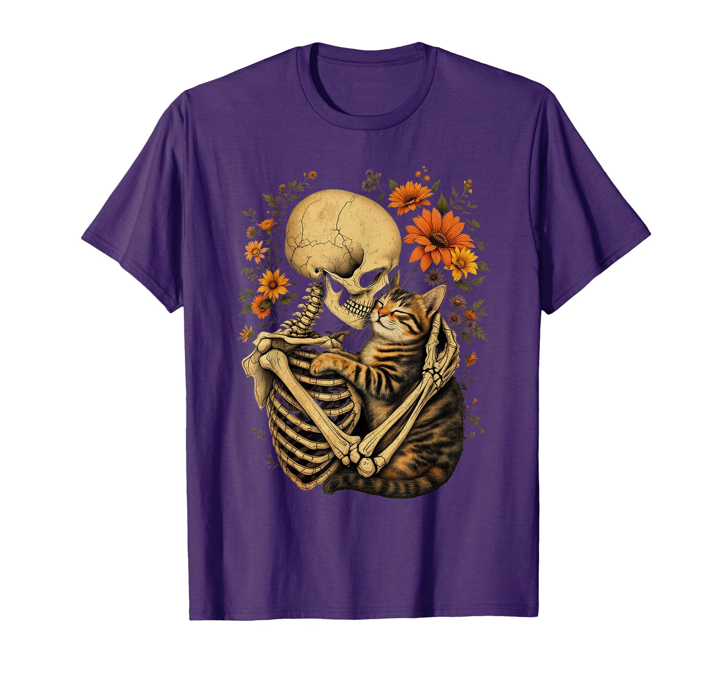 Skeleton Hugging Cat Floral Halloween Cat Lover Mom Costume T-Shirt