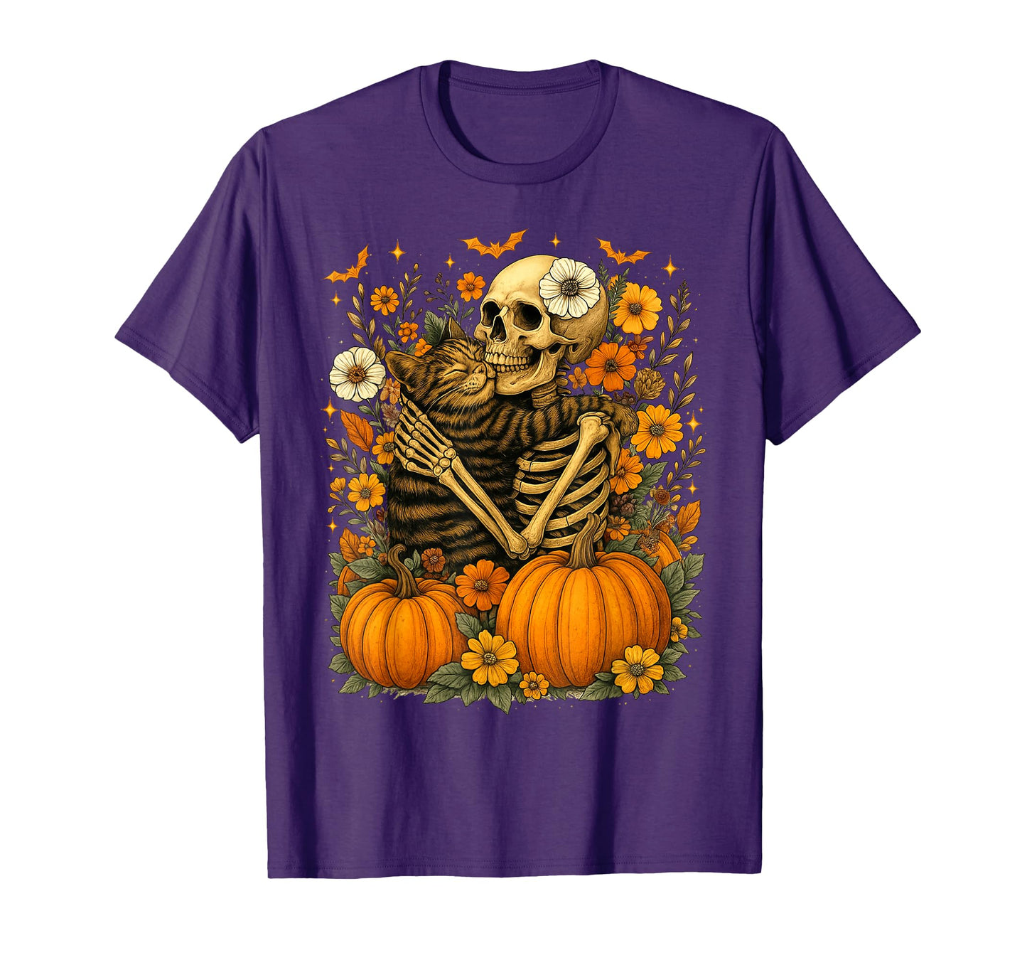 Retro Floral Skeleton Hugging Cat Halloween Cats Lover Women T-Shirt