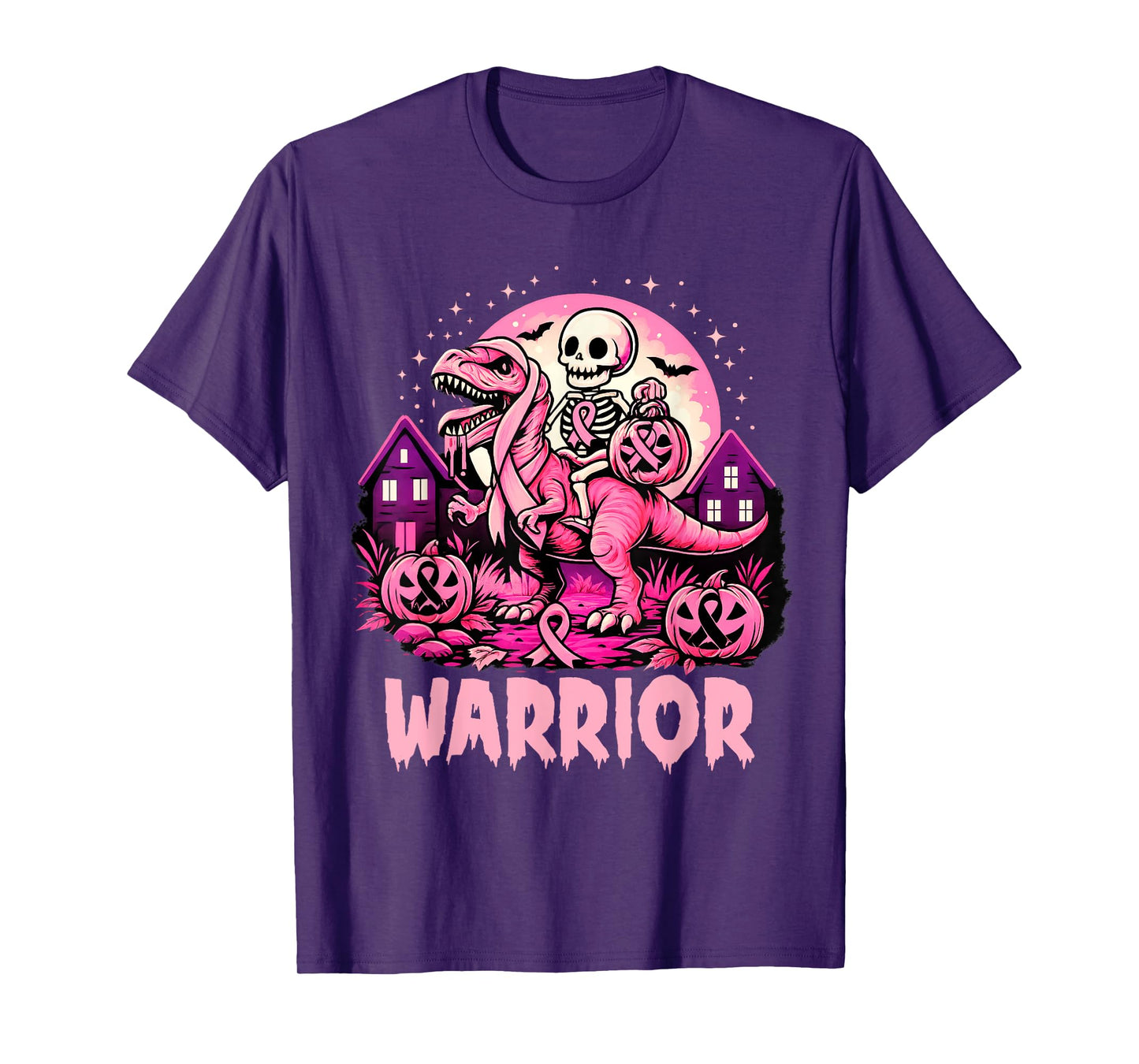 Skeleton Dinosaur T Rex Scary Pumpkin Breast Cancer Warrior T-Shirt