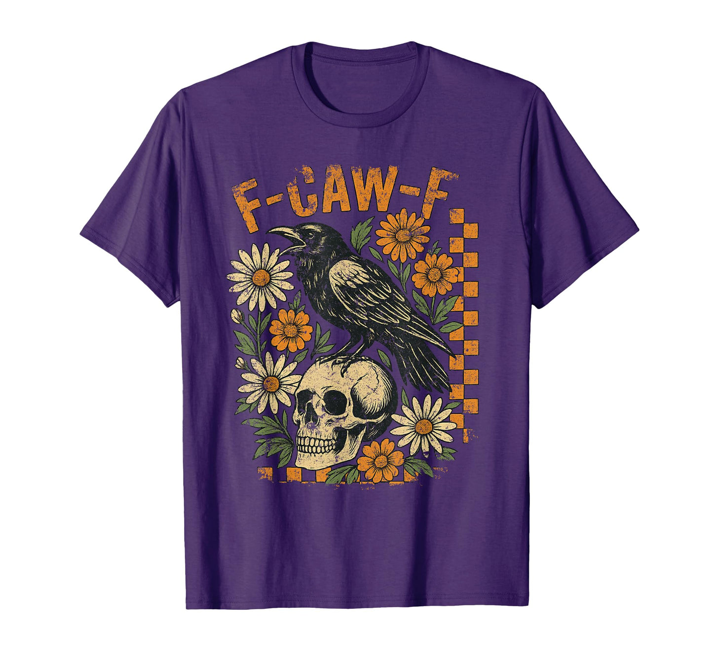 Raven Crow F-Caw-F Tee Halloween Skull Boho Flower Checkered T-Shirt