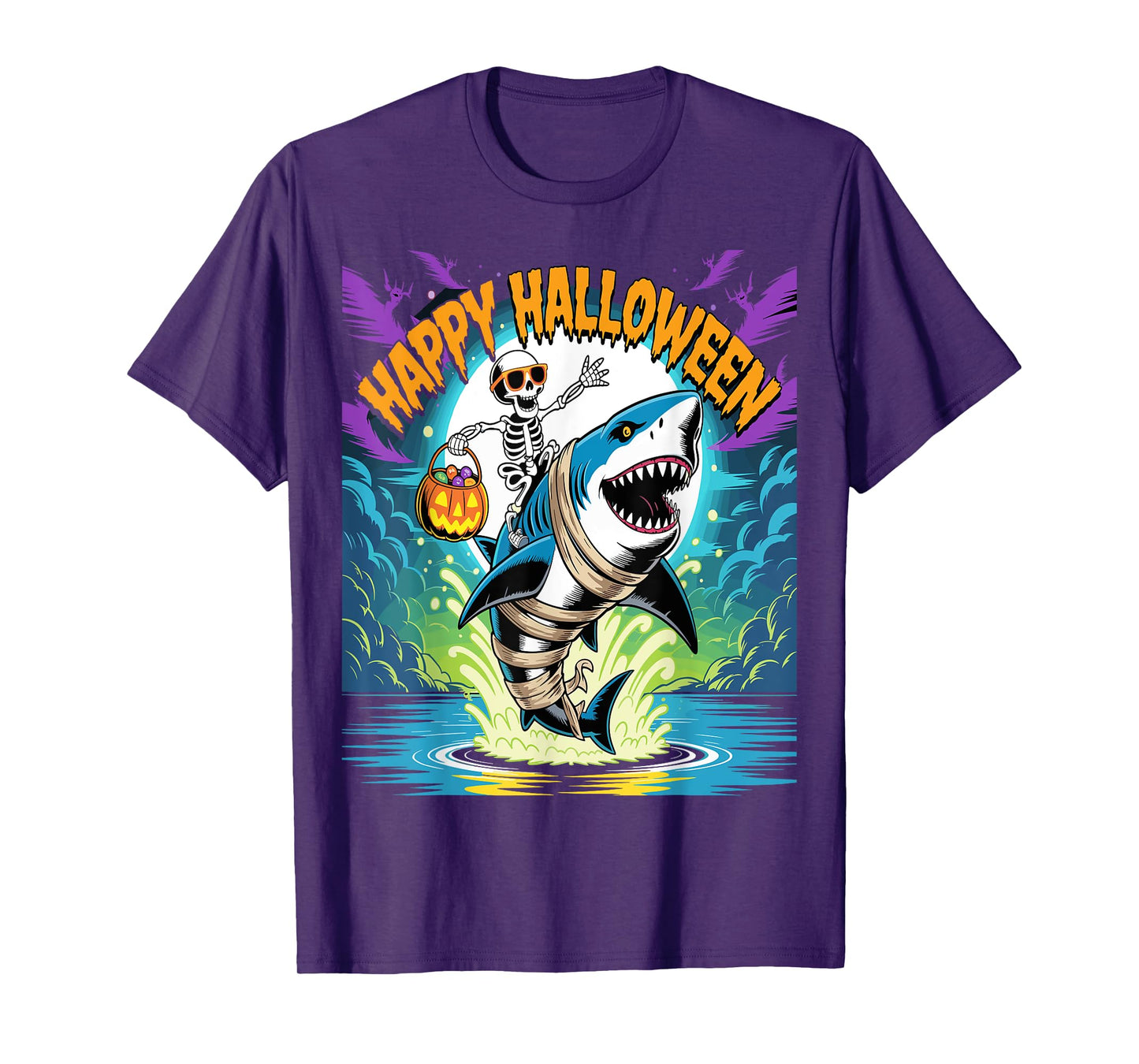 Skeleton Riding Mummy Shark Funny Halloween Costume T-Shirt