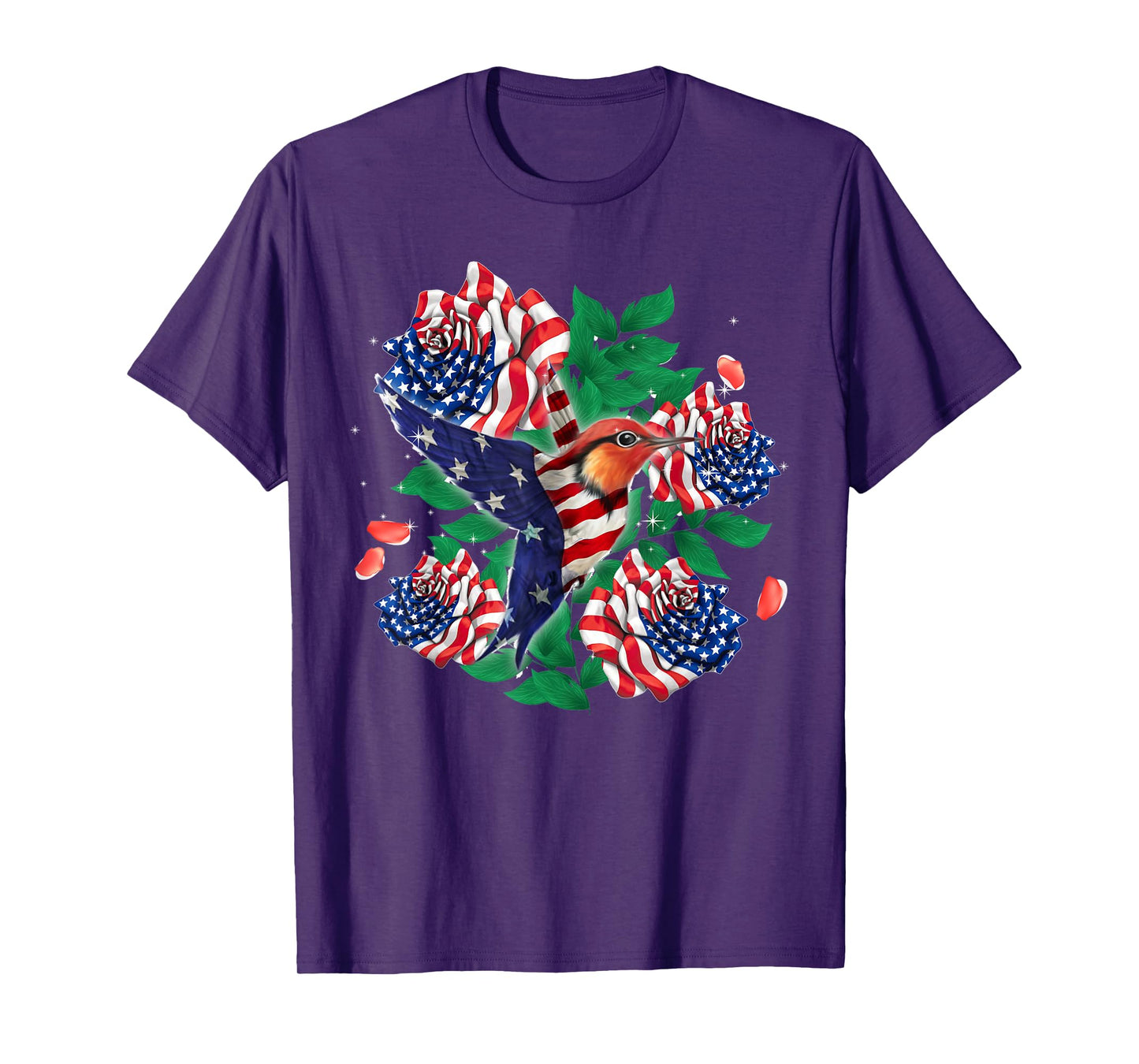 Hummingbird and Rose American Flag Tee Patriotic 4th Of July T-Shirt for Women Men