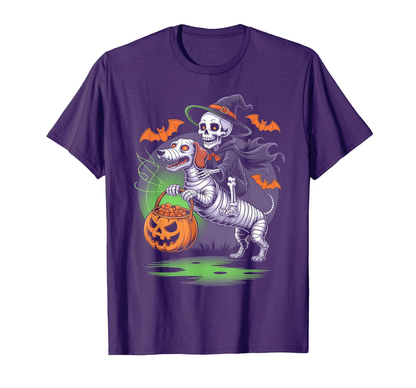 Funny Skeleton Riding Mummy Dachshund Dog Pumpkin Halloween T-Shirt