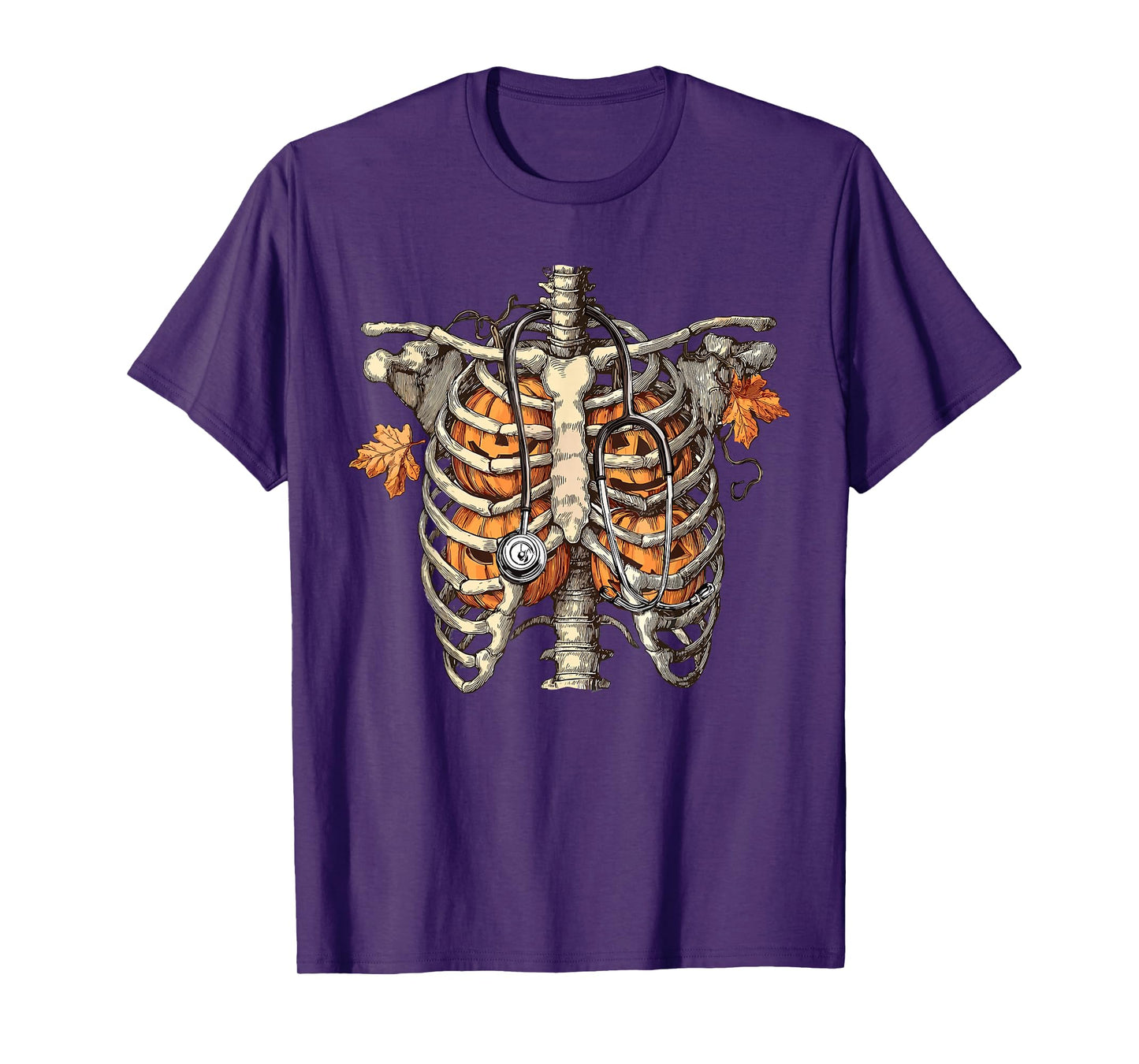 Funny Pumpkin Rib Cage Skeleton Halloween Nurse Stethoscope T-Shirt