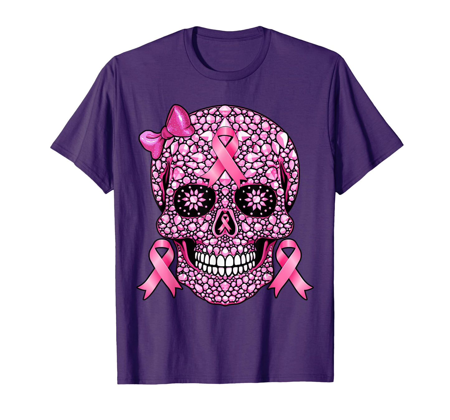 Sugar Skull Pink Ribbon Breast Cancer Awareness Girls Women T-Shirt