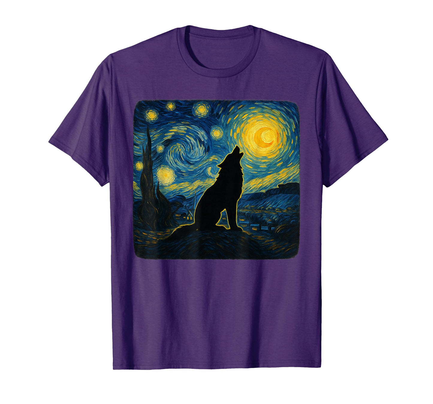 Starry Night Van Gogh Wolf Howling Moon Funny Graphic T-Shirt