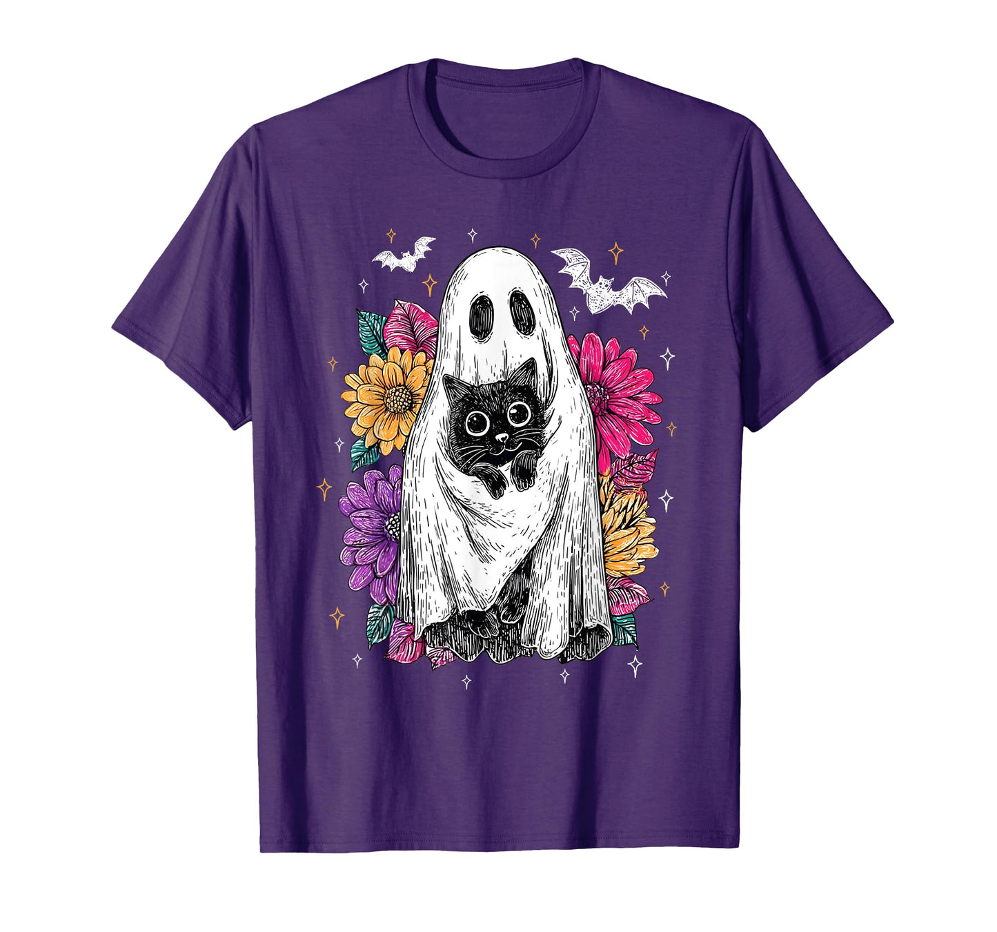 Ghost Cat Floral Halloween Cute Black Cat Spooky Season T-Shirt